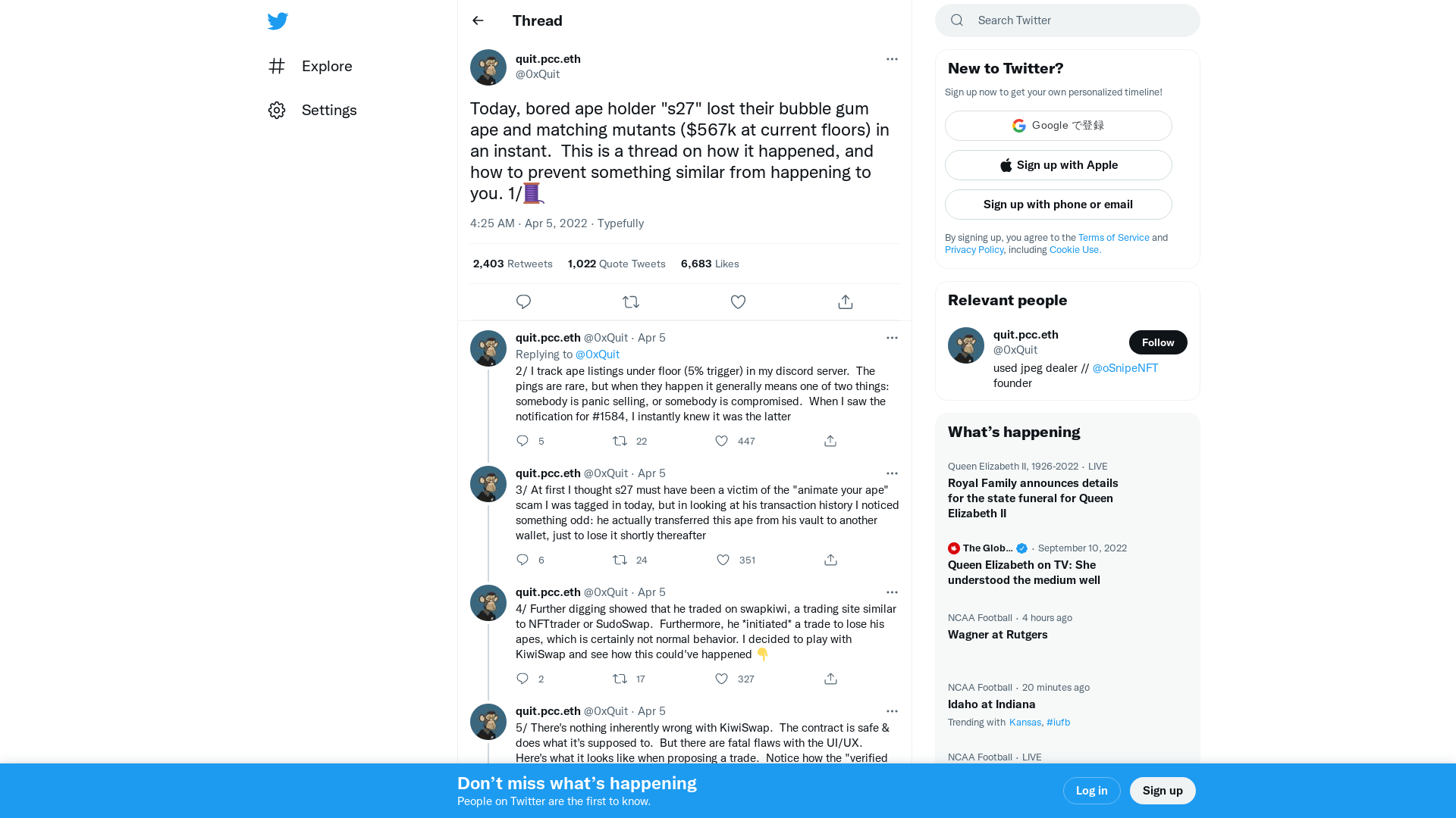 quit.pcc.eth on Twitter: "Today, bored ape holder "s27" lost their bubble gum ape and matching mutants ($567k at current floors) in an instant. This is a thread on how it happened, and how to prevent something similar from happening to you. 1/🧵" / Twitter