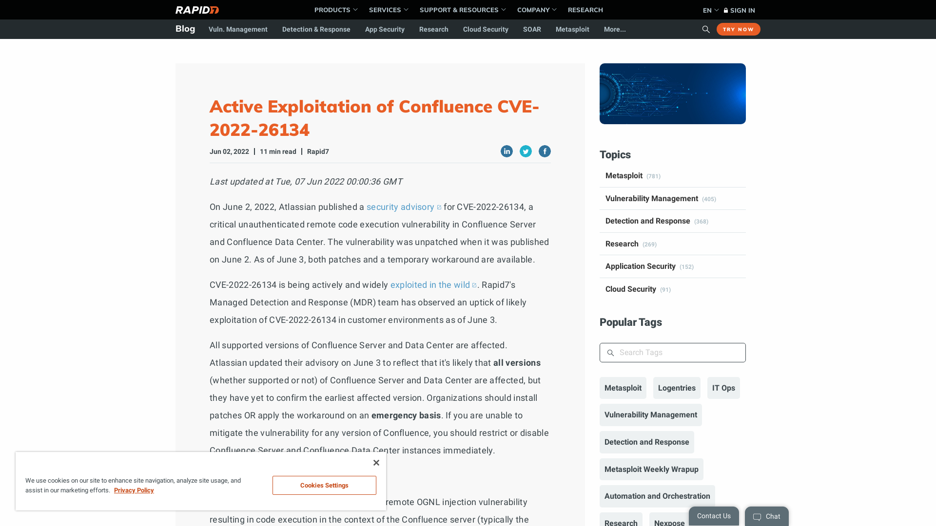 Active Exploitation of Confluence CVE-2022-26134 | Rapid7 Blog