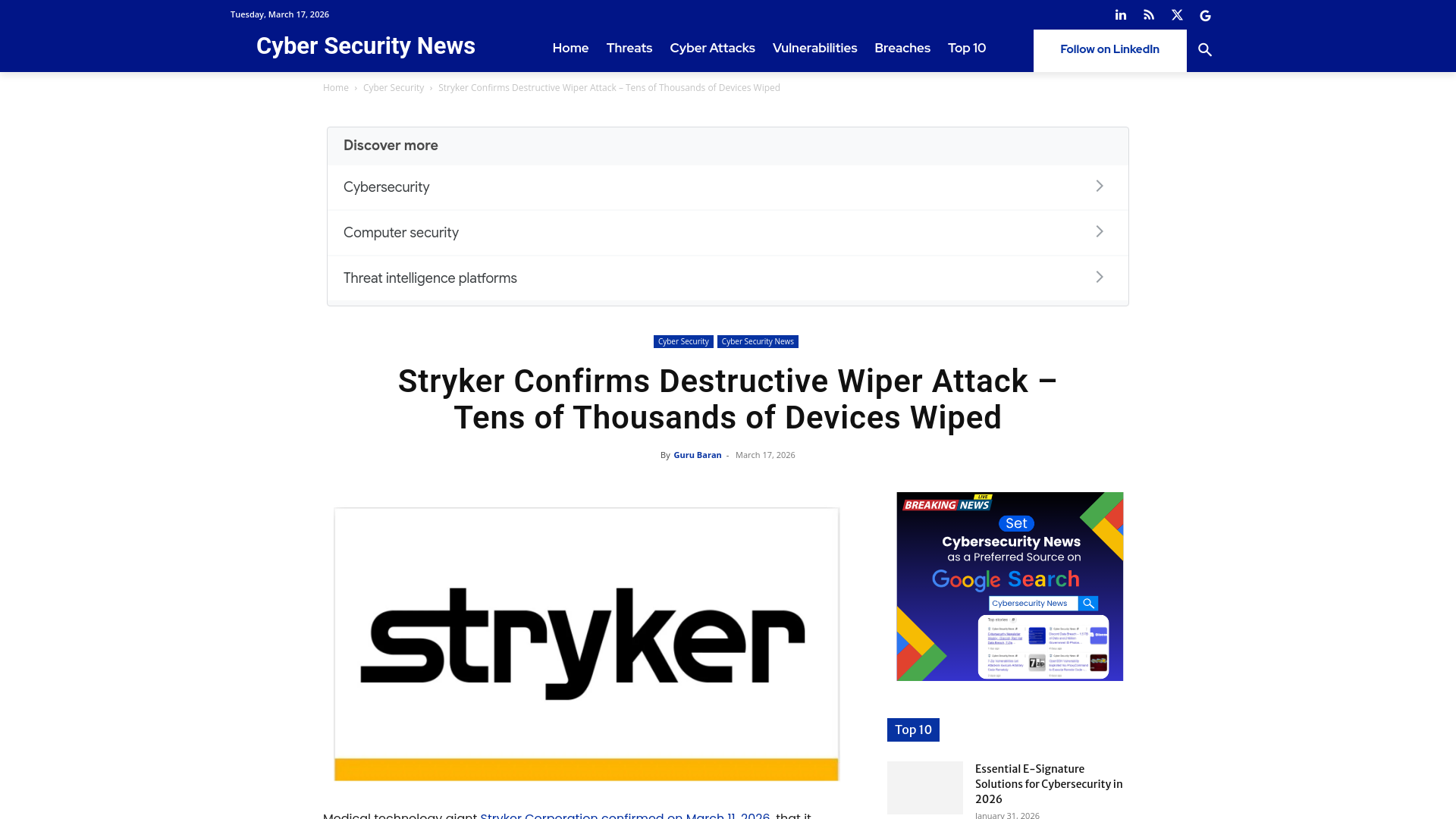 Stryker Confirms Destructive Wiper Attack - Tens of Thousands of Devices Wiped
