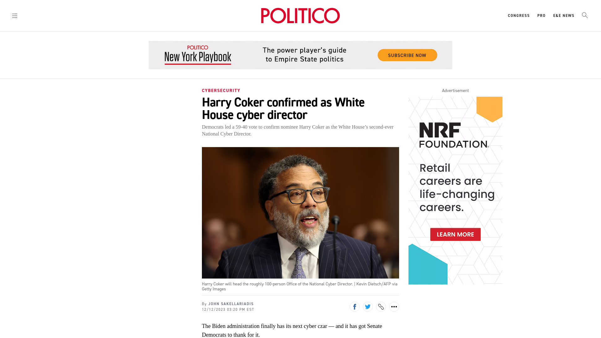 Harry Coker confirmed as White House cyber director  - POLITICO