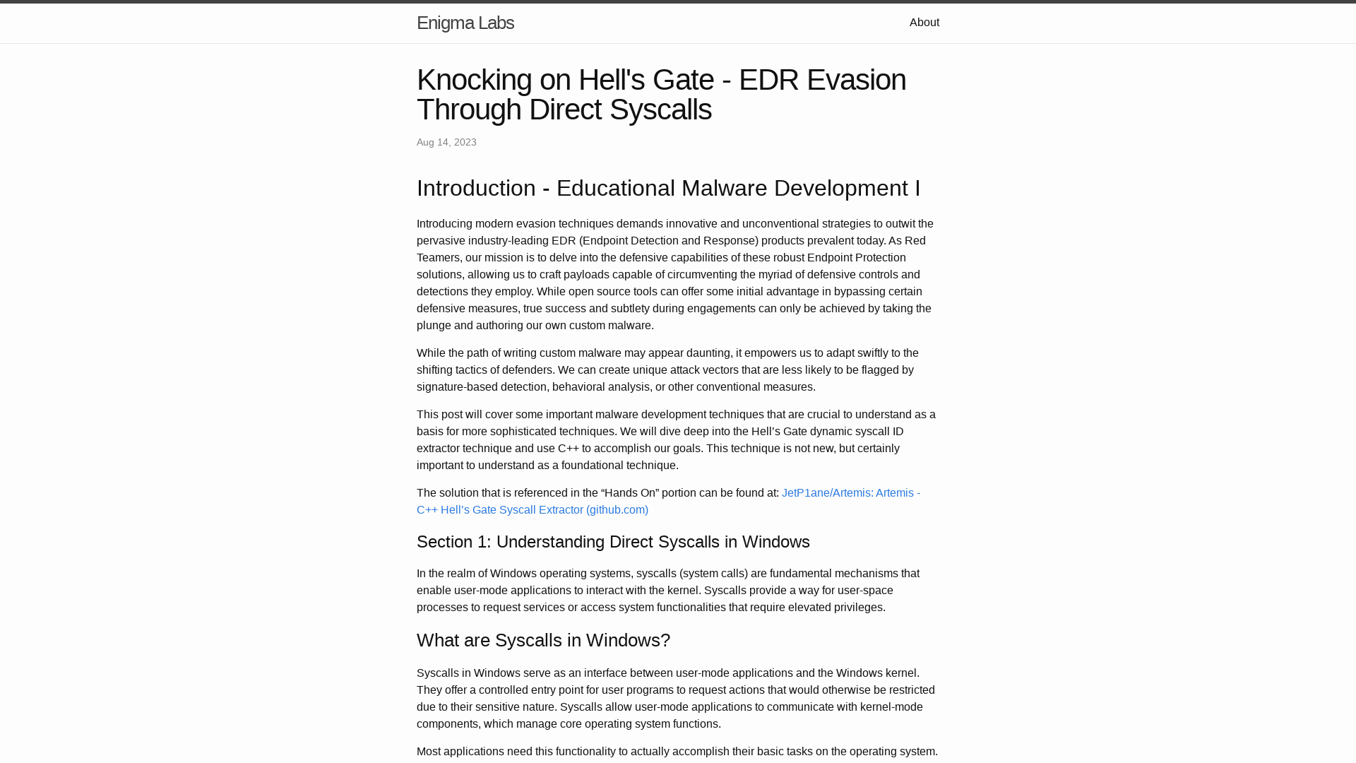 Knocking on Hell’s Gate - EDR Evasion Through Direct Syscalls | Enigma Labs