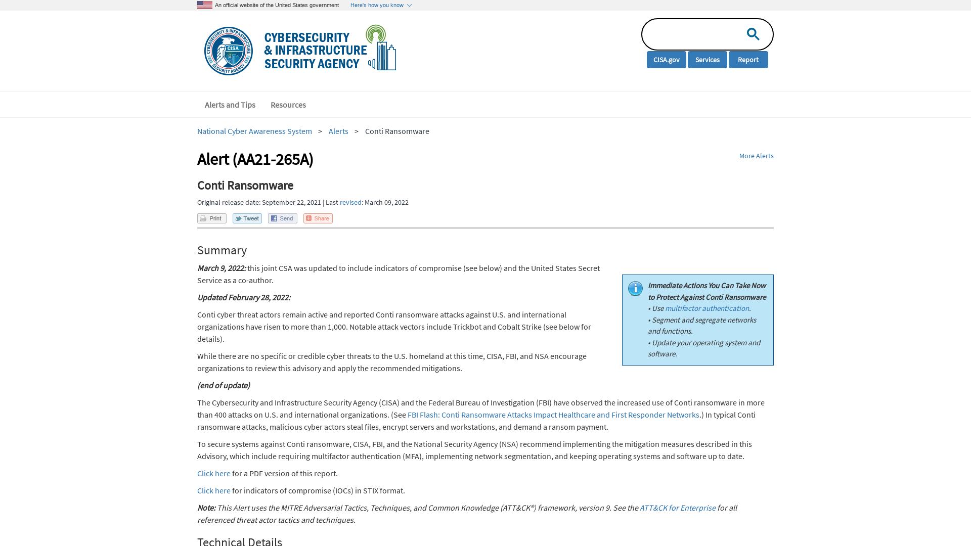 Conti Ransomware | CISA