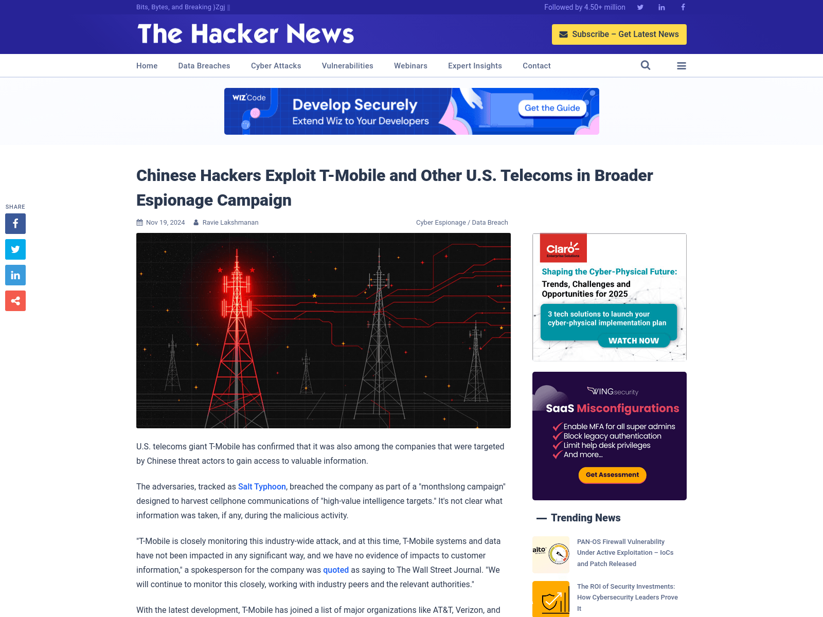 Chinese Hackers Exploit T-Mobile and Other U.S. Telecoms in Broader Espionage Campaign