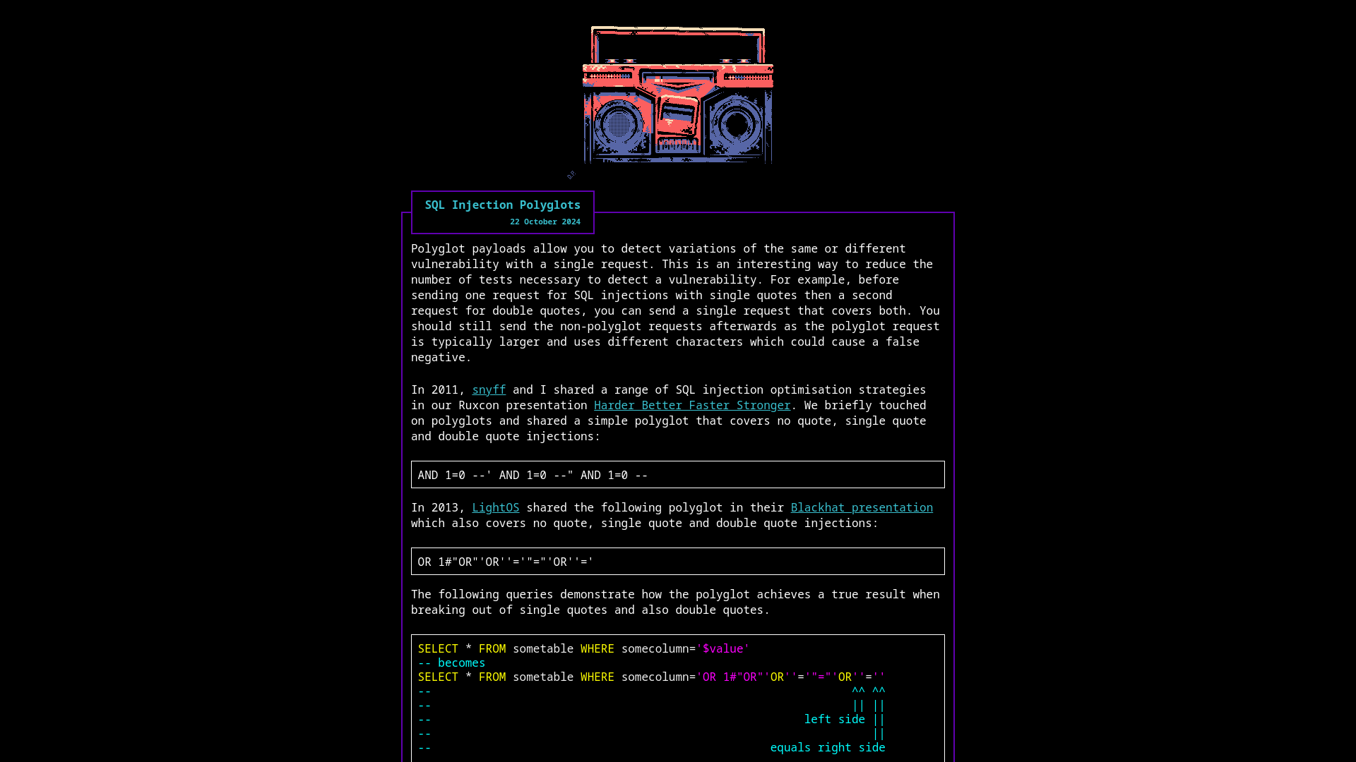 SQL Injection Polyglots / nastystereo.com