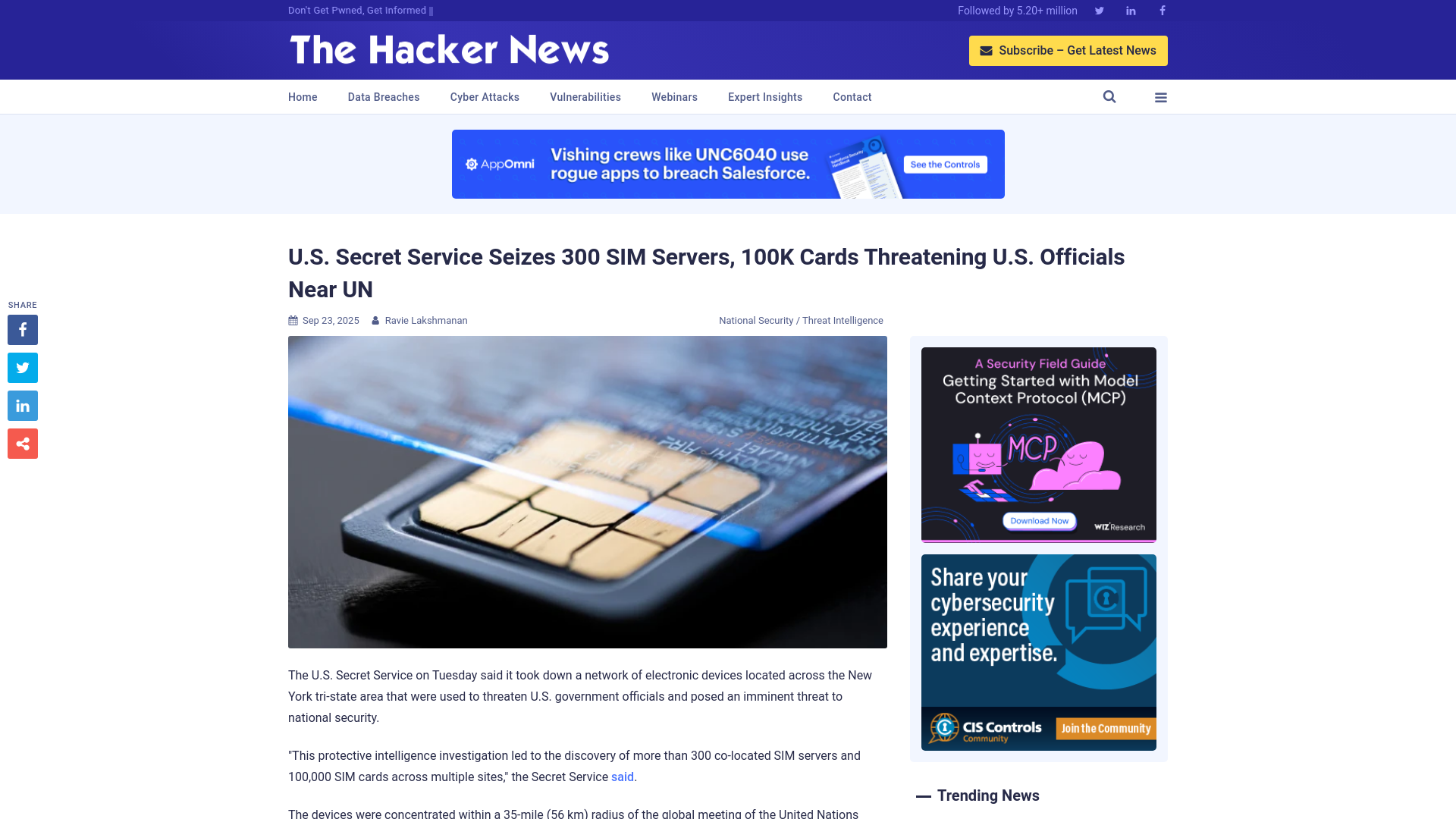 U.S. Secret Service Seizes 300 SIM Servers, 100K Cards Threatening U.S. Officials Near UN