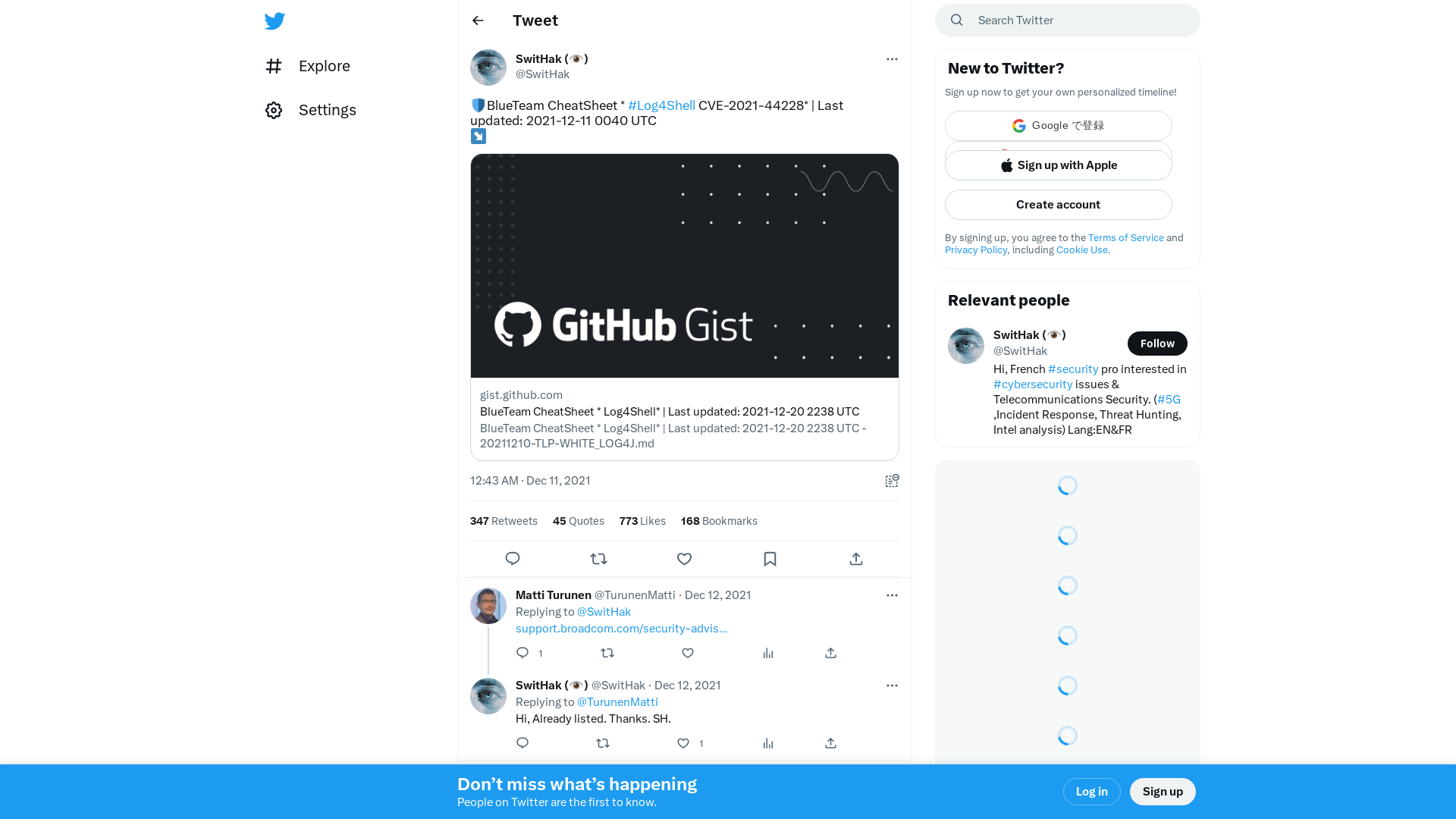 SwitHak (👁) on Twitter: "🛡️BlueTeam CheatSheet * #Log4Shell CVE-2021-44228* | Last updated: 2021-12-11 0040 UTC ↘️ https://t.co/gamCpn8AmH" / Twitter