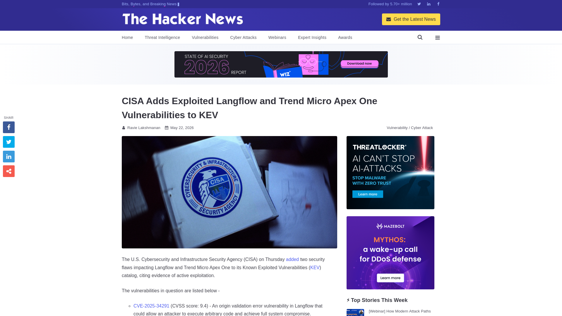 CISA Adds Exploited Langflow and Trend Micro Apex One Vulnerabilities to KEV