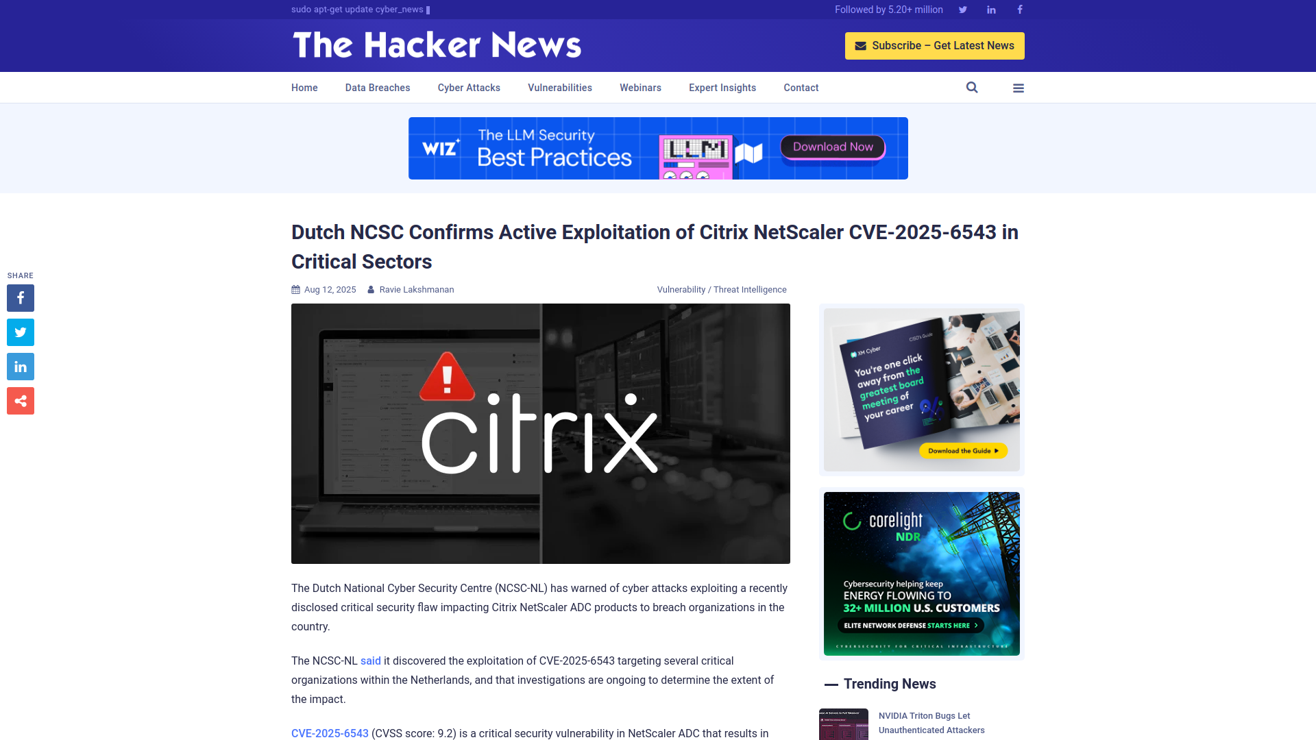 Dutch NCSC Confirms Active Exploitation of Citrix NetScaler CVE-2025-6543 in Critical Sectors