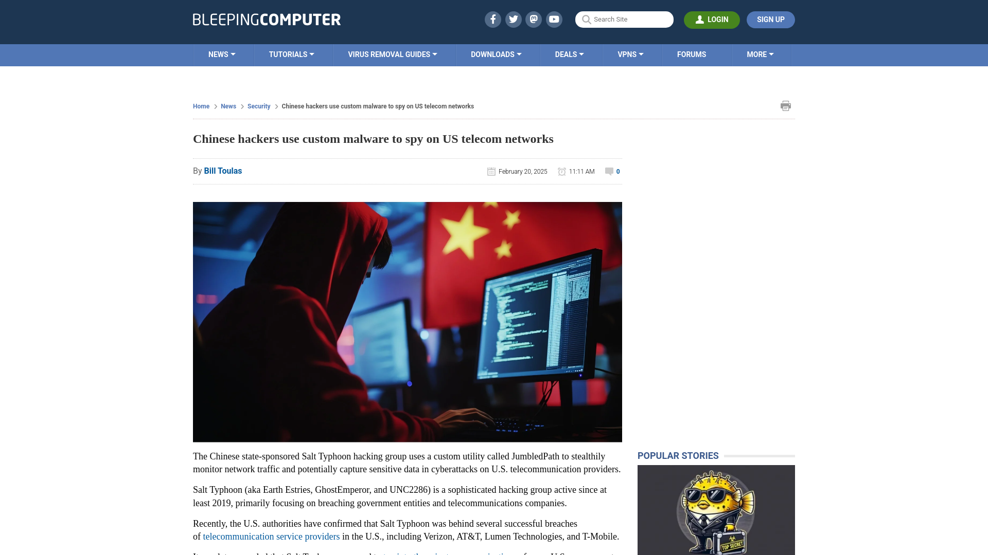 Chinese hackers use custom malware to spy on US telecom networks