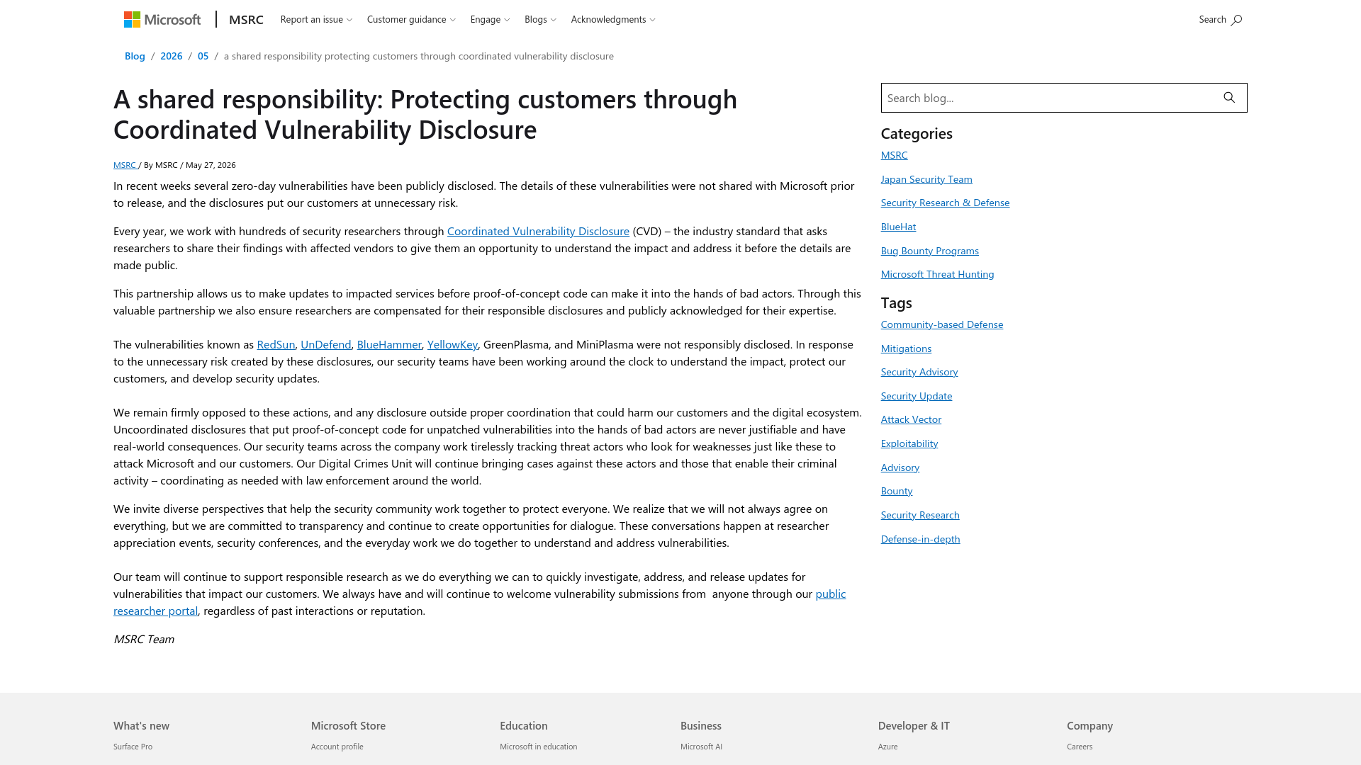 A shared responsibility: Protecting customers through Coordinated Vulnerability Disclosure