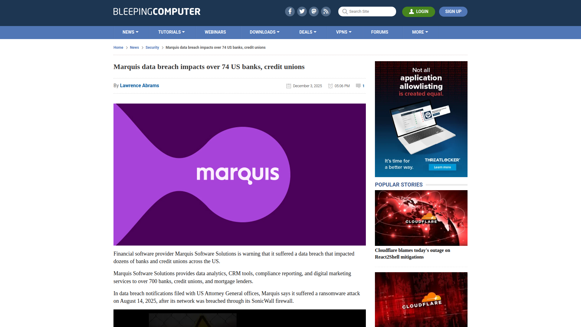 Marquis data breach impacts over 74 US banks, credit unions