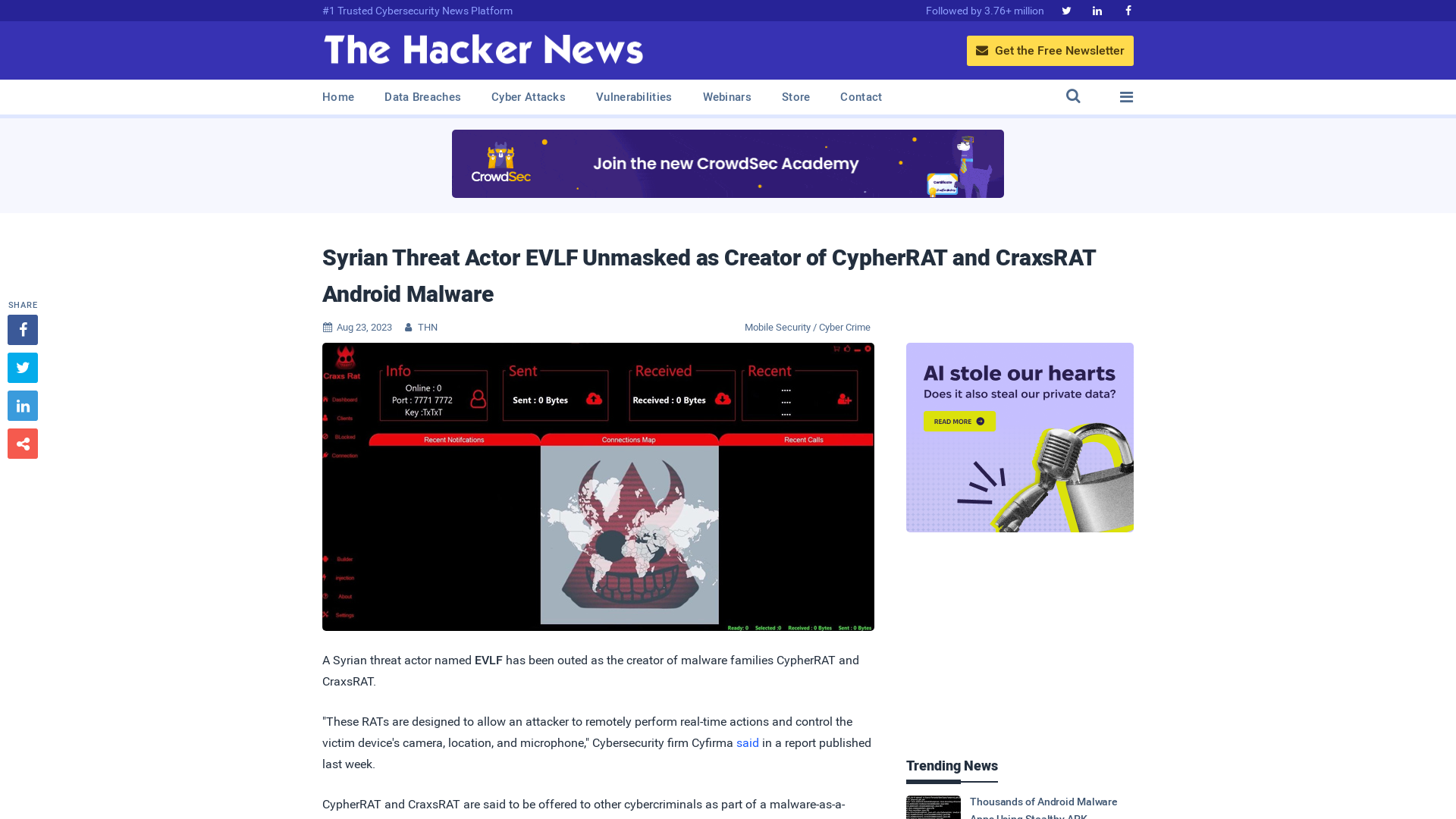 Syrian Threat Actor EVLF Unmasked as Creator of CypherRAT and CraxsRAT Android Malware