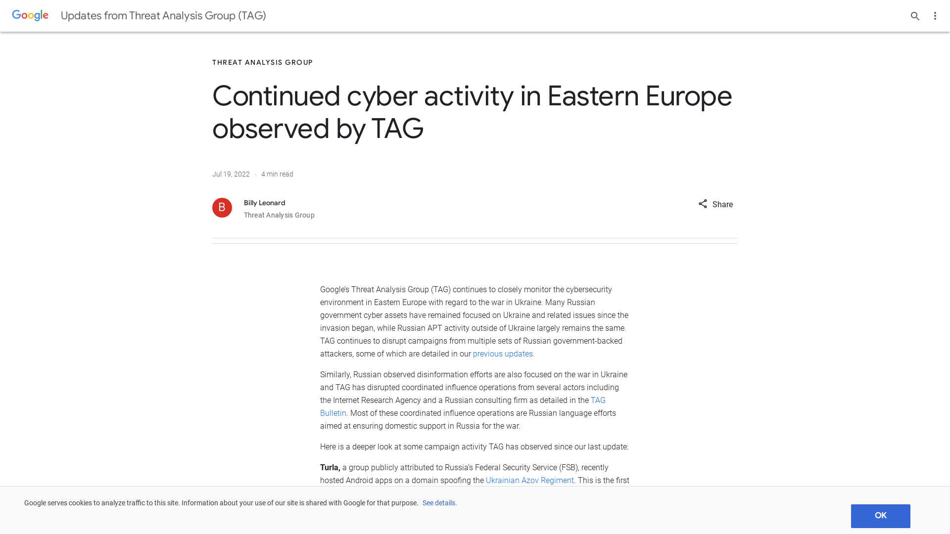 Continued cyber activity in Eastern Europe observed by TAG