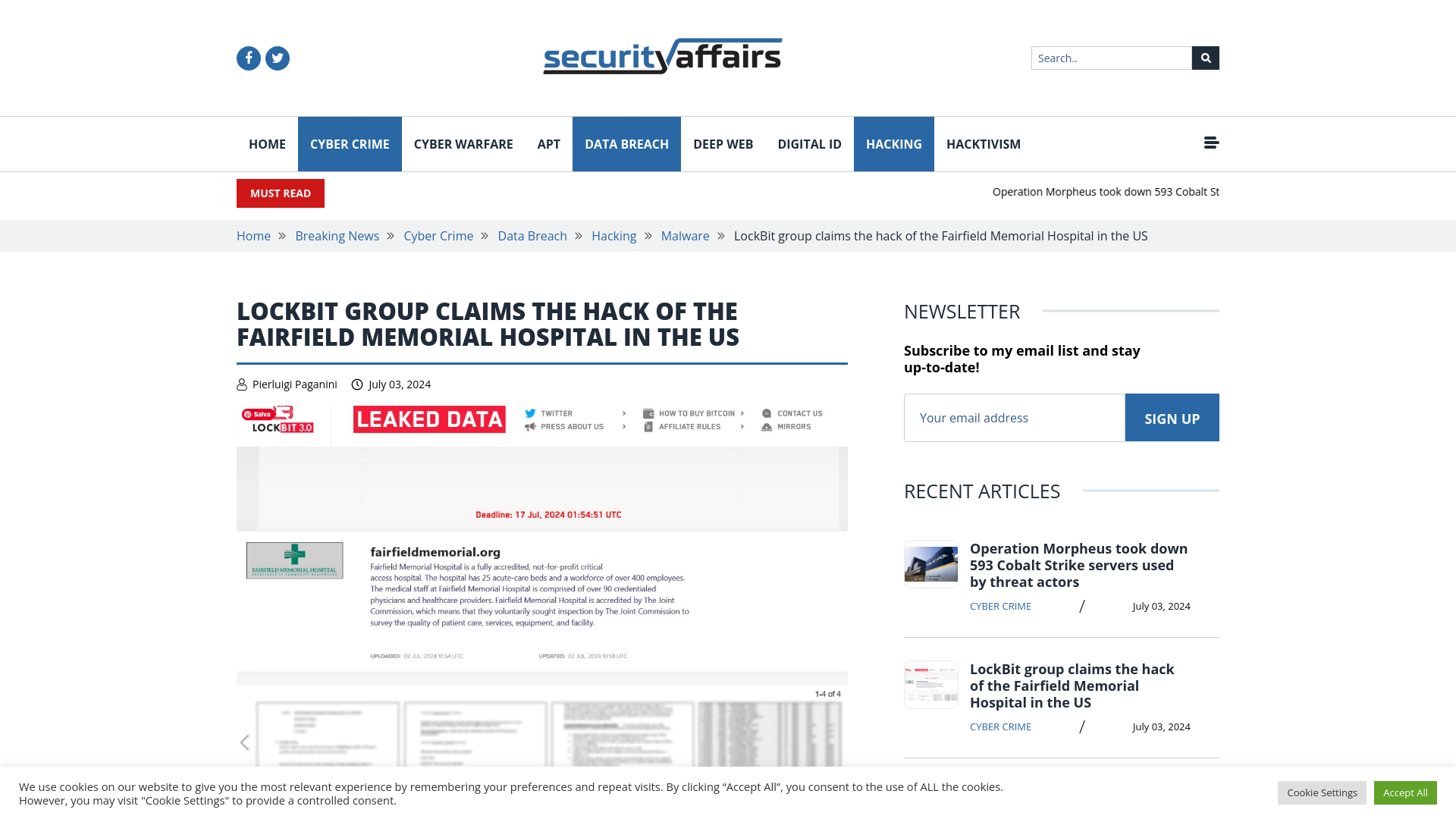 LockBit group claims the hack of the Fairfield Memorial Hospital in the US