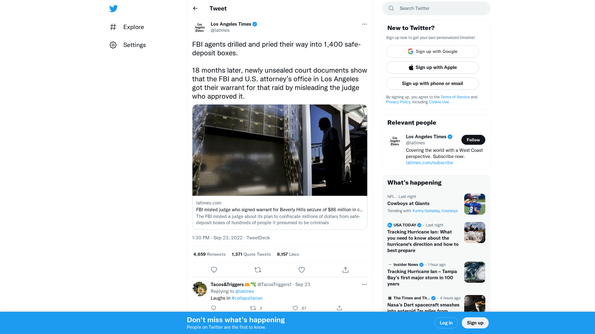 Los Angeles Times on Twitter: "FBI agents drilled and pried their way into 1,400 safe-deposit boxes. 18 months later, newly unsealed court documents show that the FBI and U.S. attorney’s office in Los Angeles got their warrant for that raid by misleading the judge who approved it. https://t.co/zygb4JQG3u" / Twitter