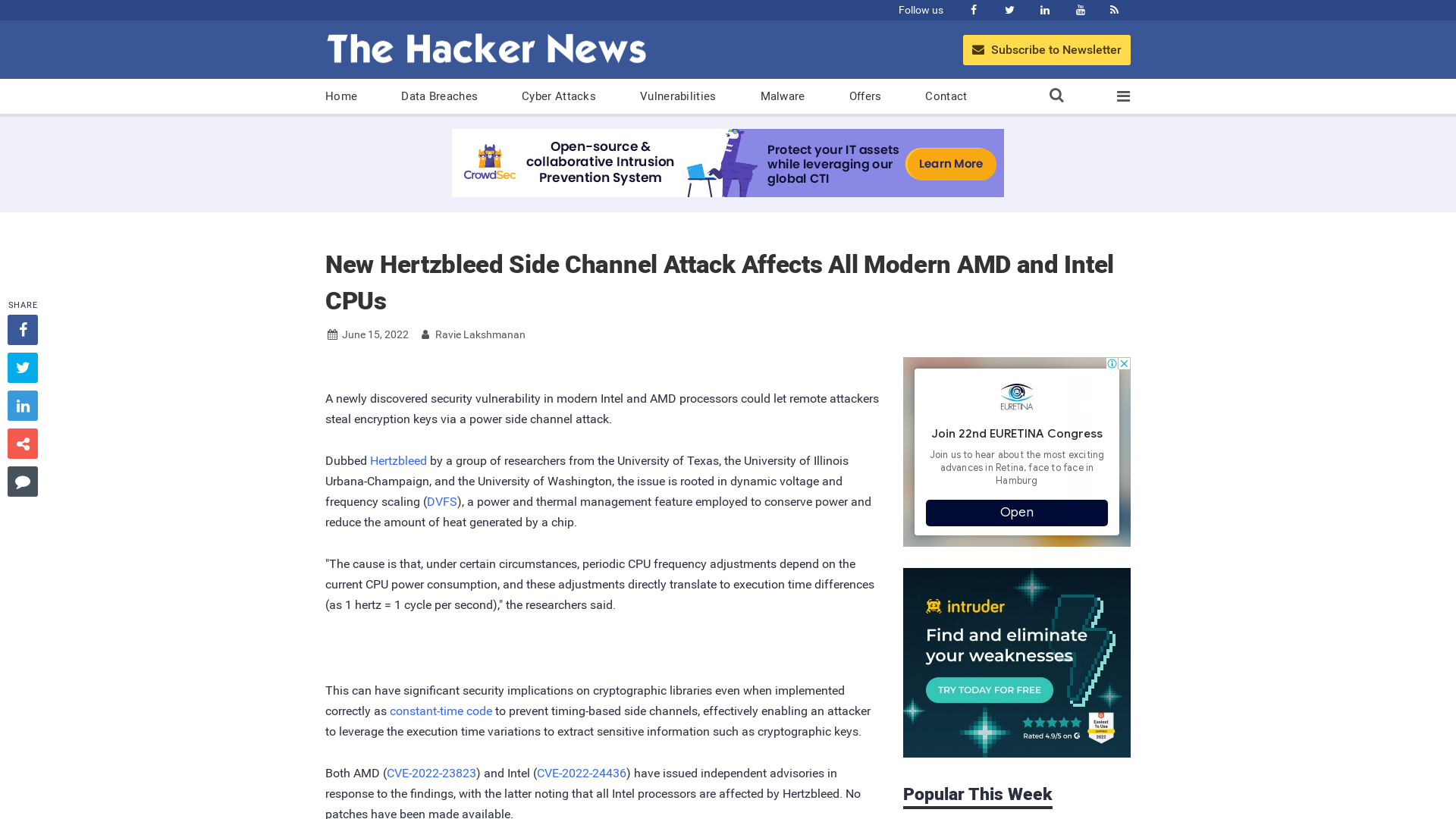 New Hertzbleed Side Channel Attack Affects All Modern AMD and Intel CPUs