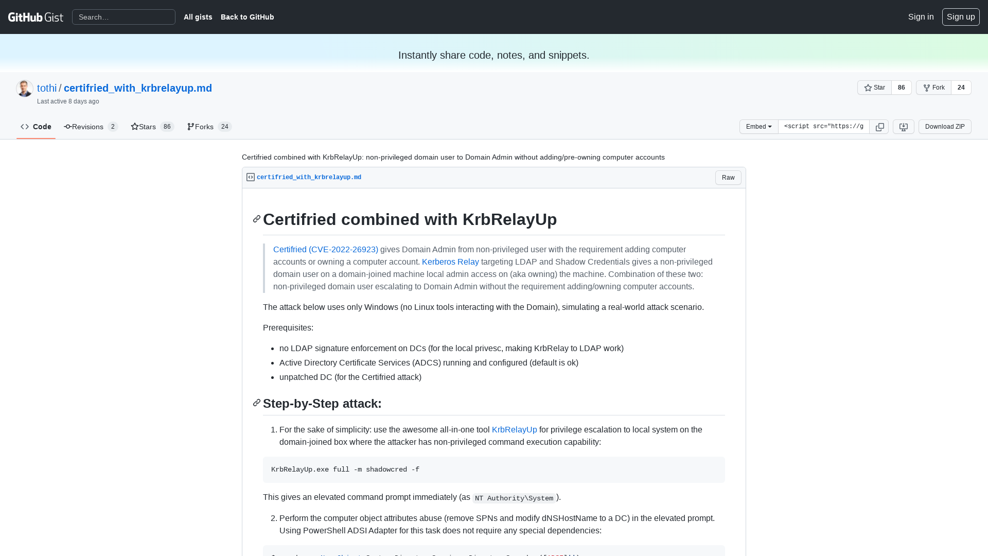 Certifried combined with KrbRelayUp: non-privileged domain user to Domain Admin without adding/pre-owning computer accounts · GitHub