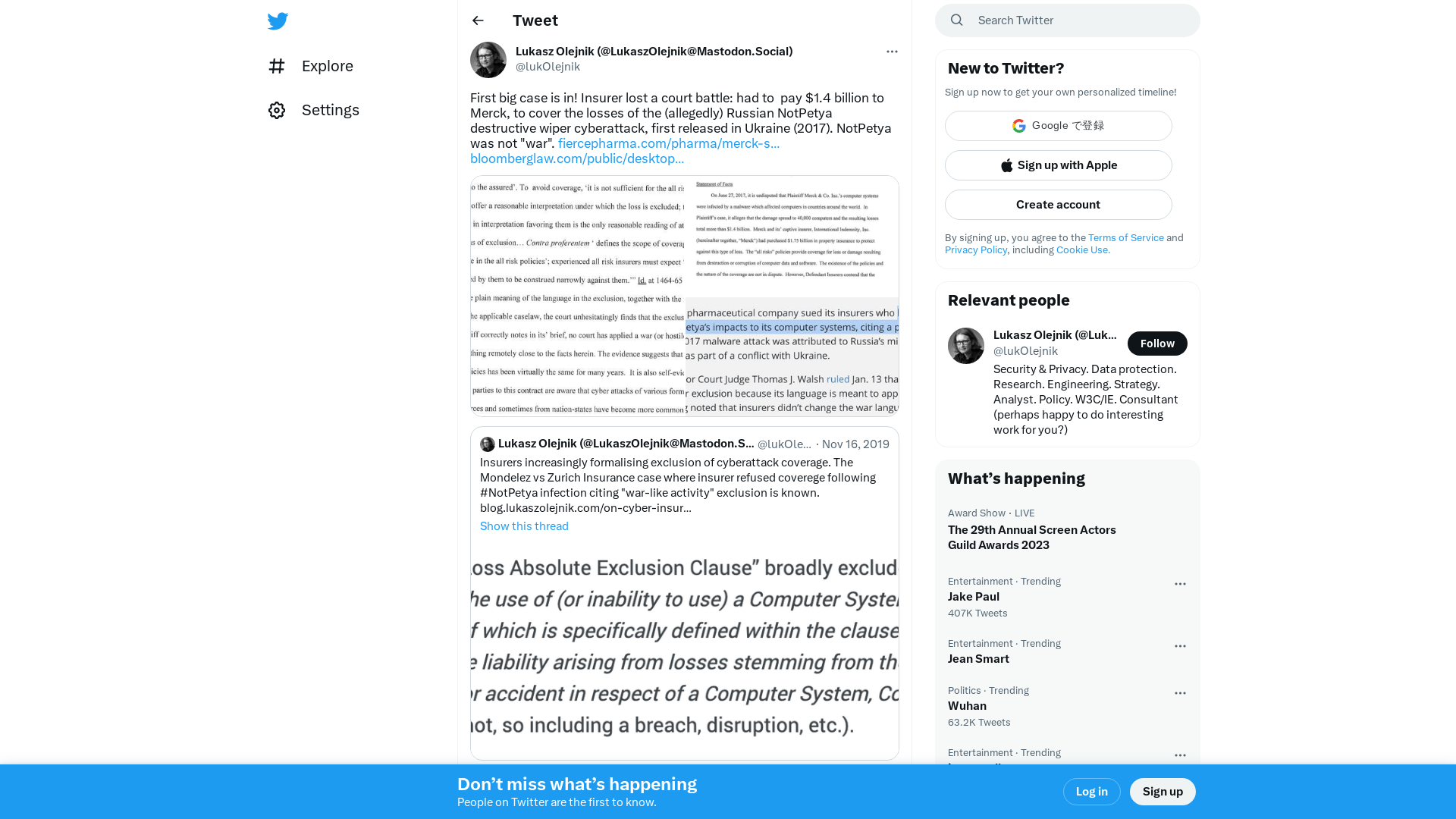 Lukasz Olejnik (@LukaszOlejnik@Mastodon.Social) on Twitter: "First big case is in! Insurer lost a court battle: had to pay $1.4 billion to Merck, to cover the losses of the (allegedly) Russian NotPetya destructive wiper cyberattack, first released in Ukraine (2017). NotPetya was not "war". https://t.co/EkeRI7qOem https://t.co/QNldDrgQA7 https://t.co/Kyp4AP1roT" / Twitter