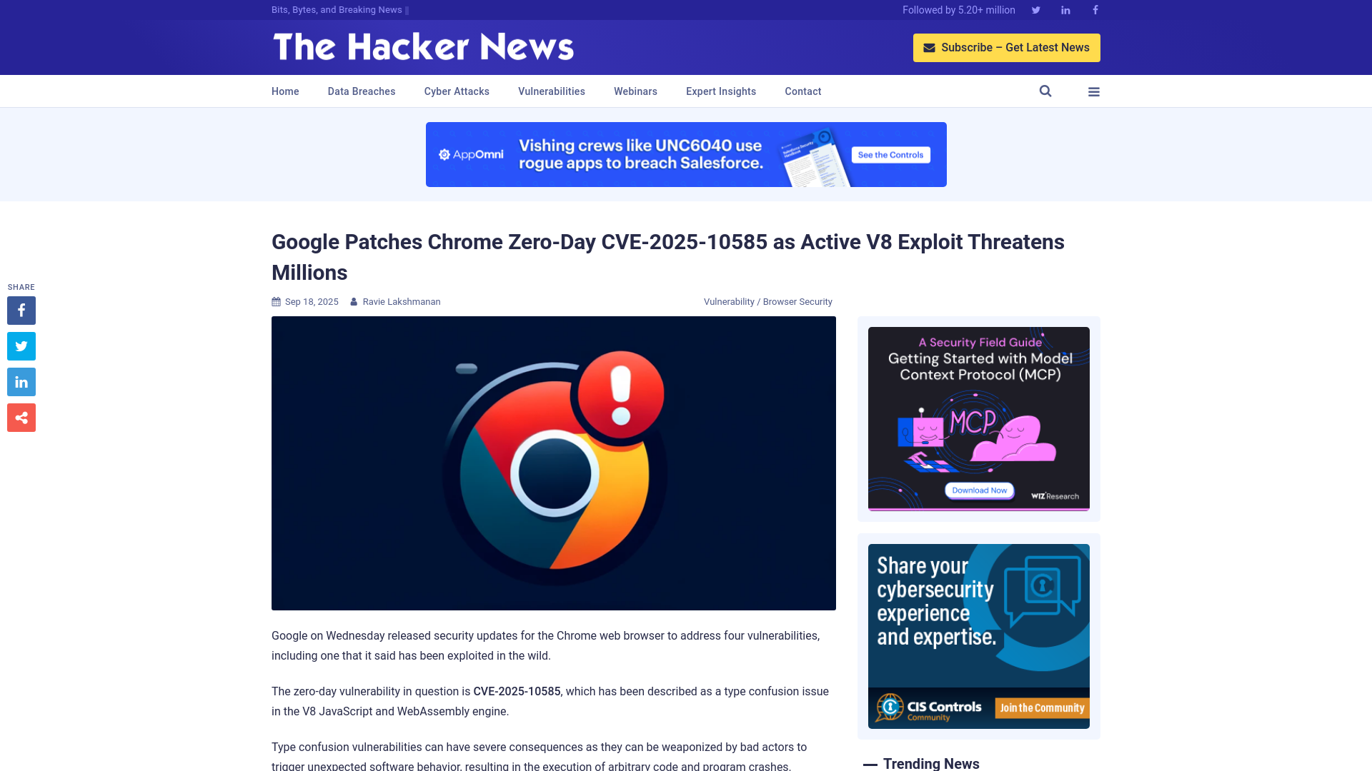 Google Patches Chrome Zero-Day CVE-2025-10585 as Active V8 Exploit Threatens Millions