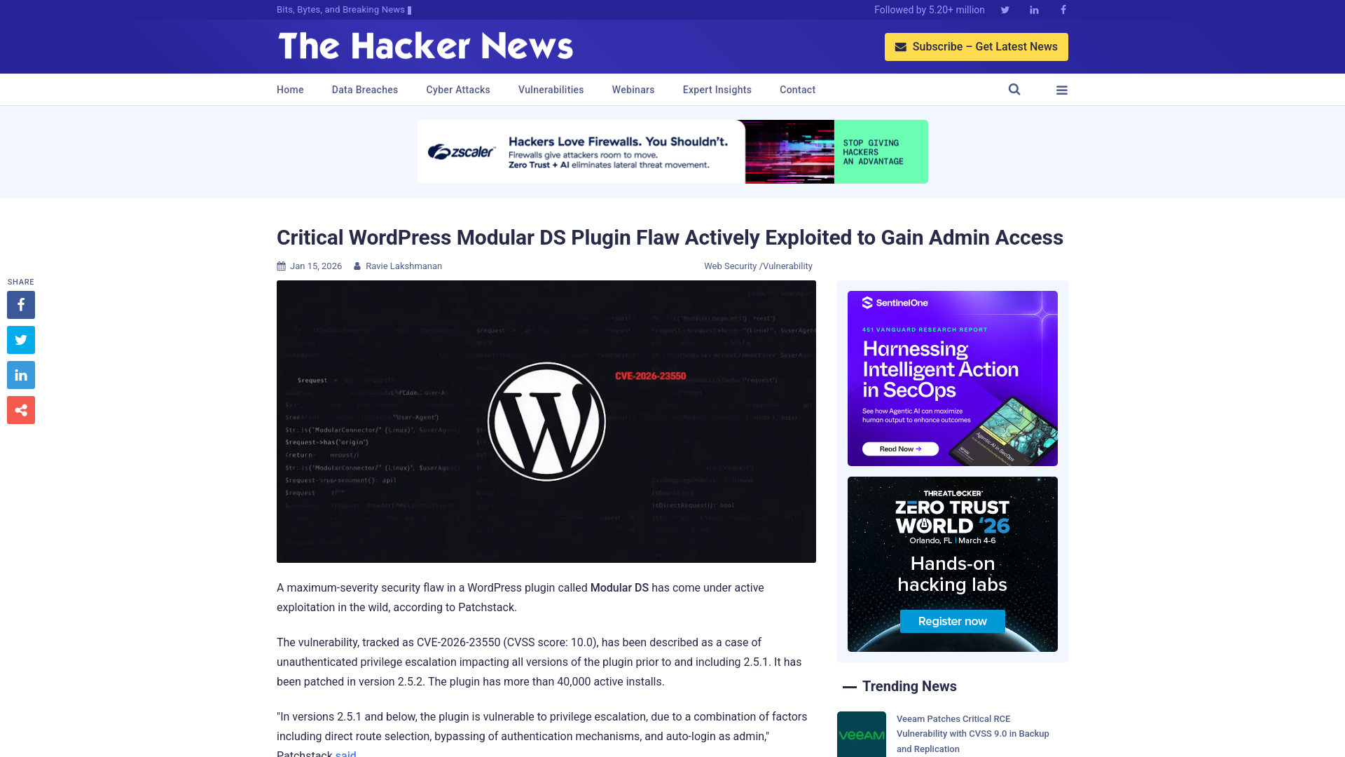 Critical WordPress Modular DS Plugin Flaw Actively Exploited to Gain Admin Access