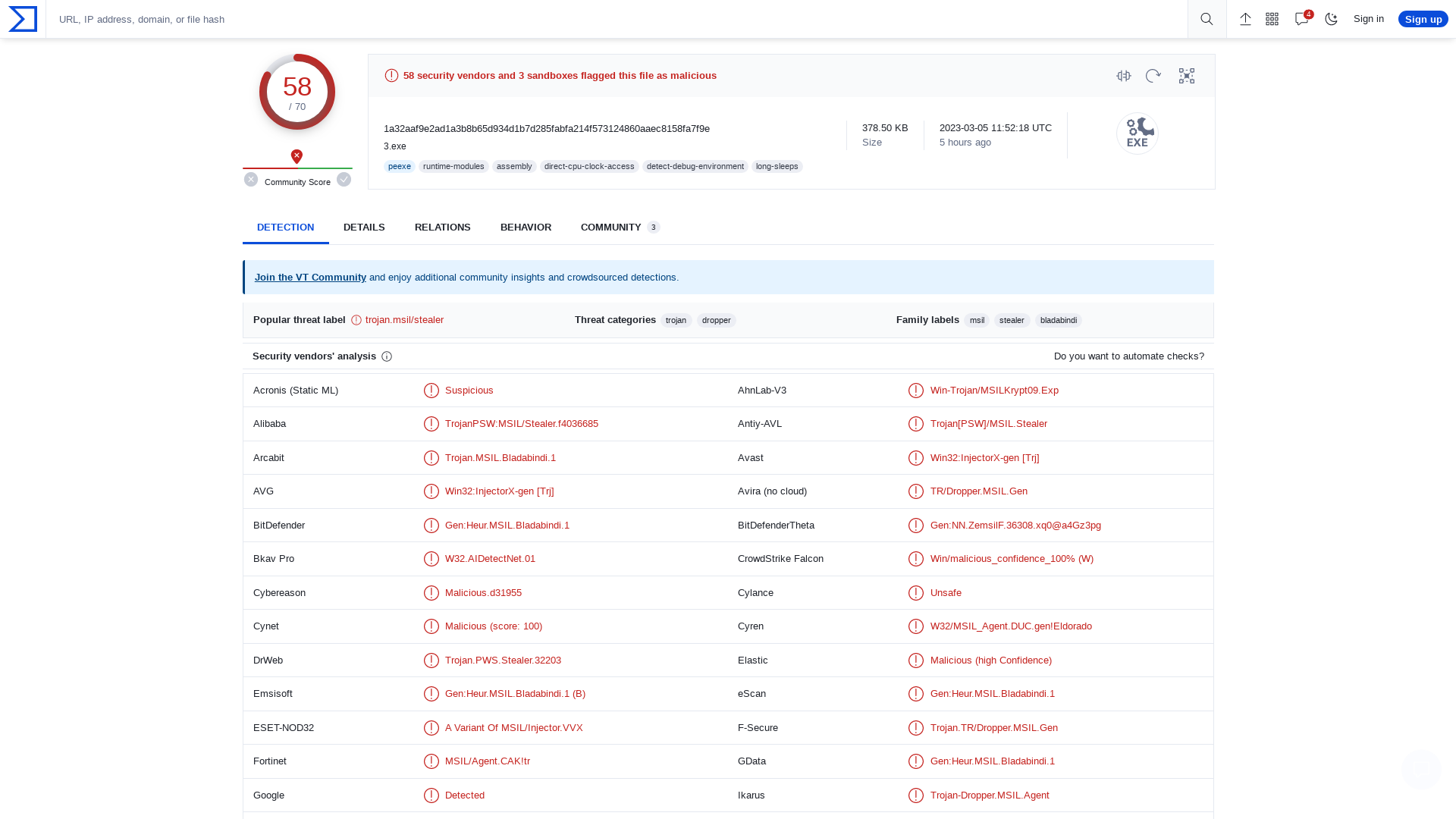 VirusTotal - File - 1a32aaf9e2ad1a3b8b65d934d1b7d285fabfa214f573124860aaec8158fa7f9e