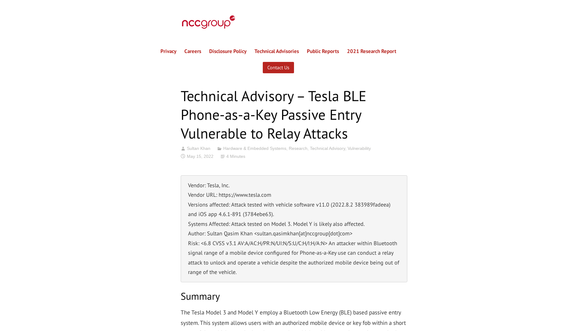 Technical Advisory – Tesla BLE Phone-as-a-Key Passive Entry Vulnerable to Relay Attacks – NCC Group Research