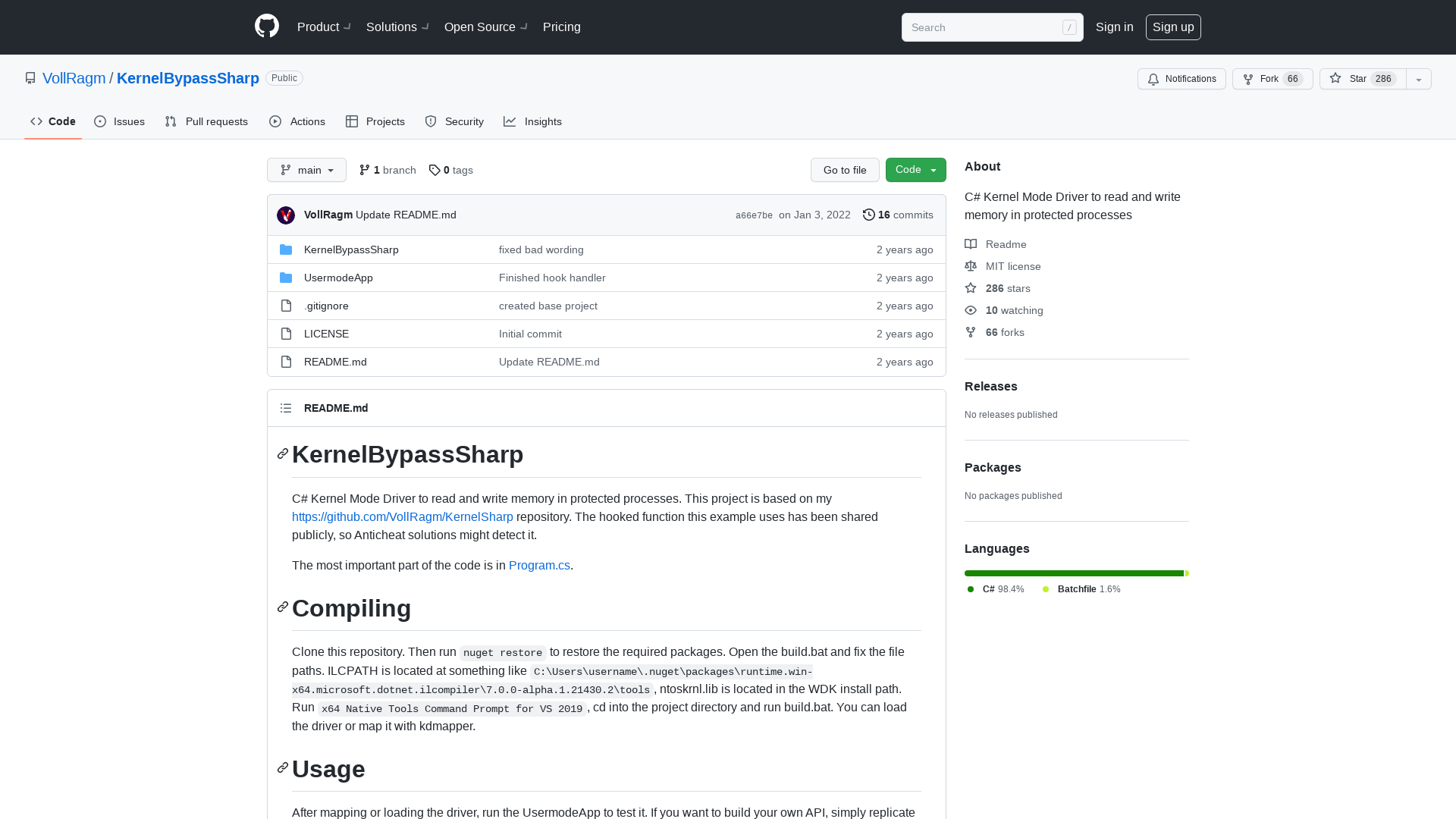 GitHub - VollRagm/KernelBypassSharp: C# Kernel Mode Driver to read and write memory in protected processes