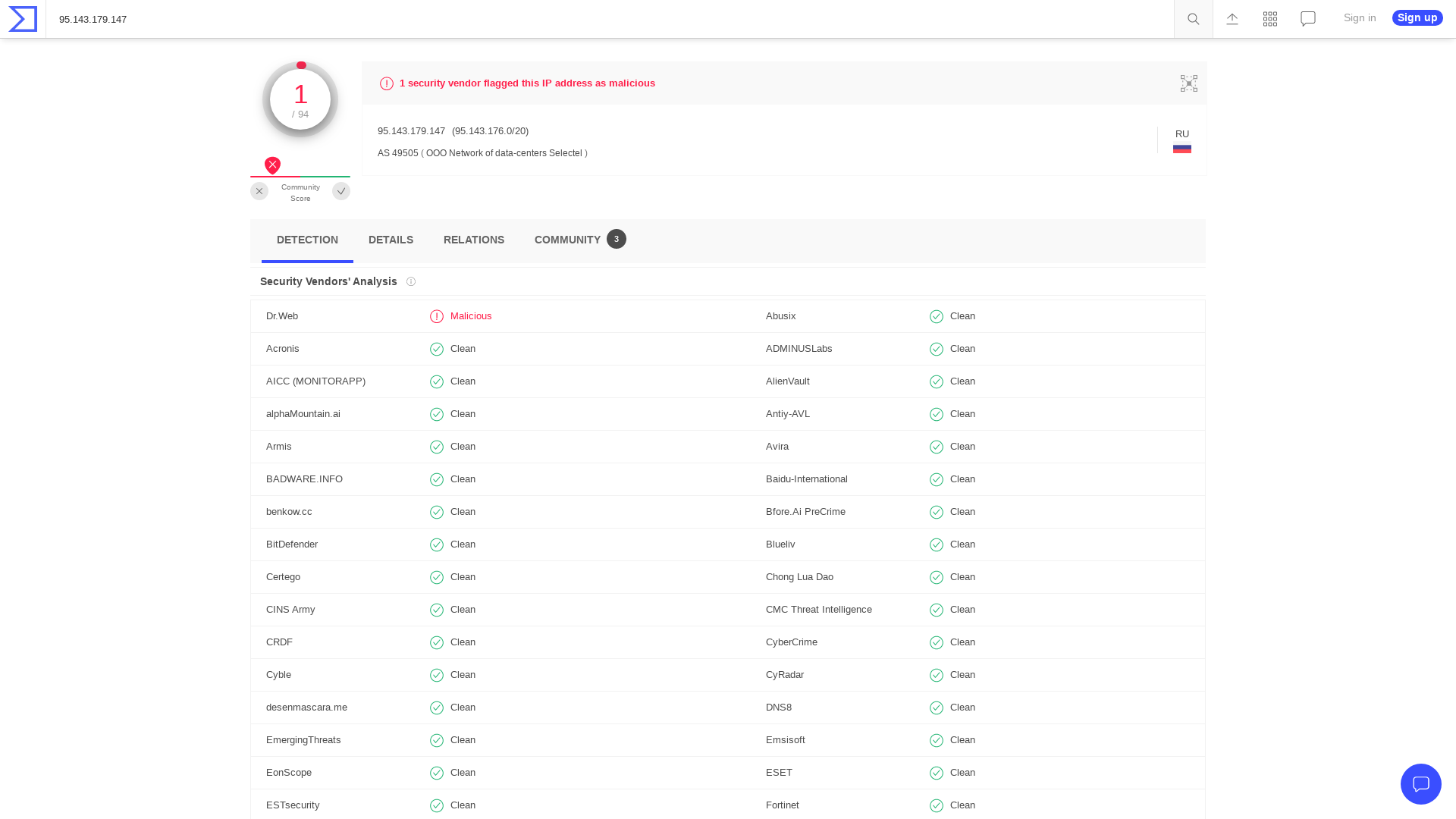 VirusTotal - Ip address - 95.143.179.147