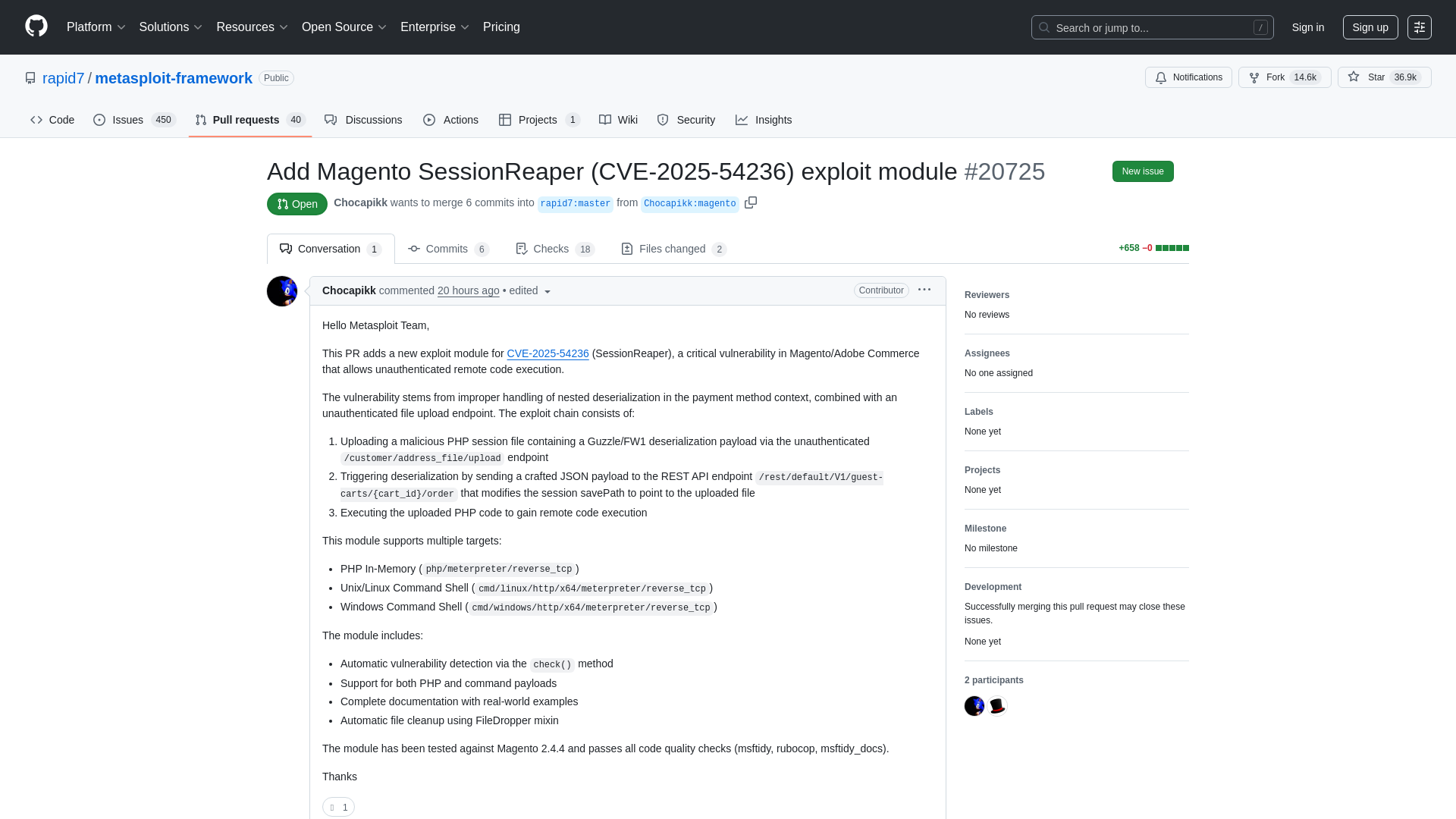 Add Magento SessionReaper (CVE-2025-54236) exploit module by Chocapikk · Pull Request #20725 · rapid7/metasploit-framework · GitHub