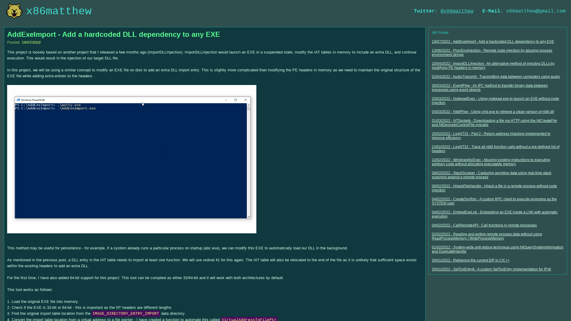x86matthew - AddExeImport - Add a hardcoded DLL dependency to any EXE