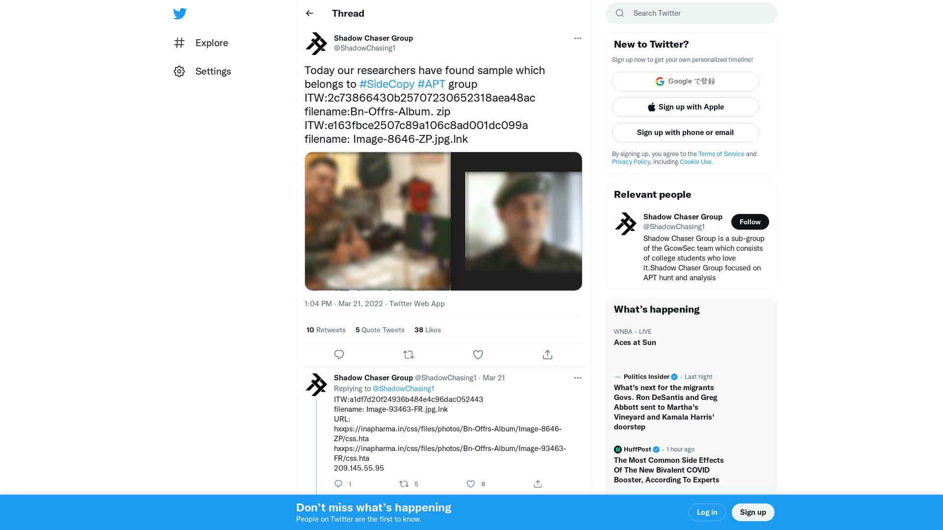 Shadow Chaser Group on Twitter: "Today our researchers have found sample which belongs to #SideCopy #APT group ITW:2c73866430b25707230652318aea48ac filename:Bn-Offrs-Album. zip ITW:e163fbce2507c89a106c8ad001dc099a filename: Image-8646-ZP.jpg.lnk https://t.co/j6NKoZnw4A" / Twitter