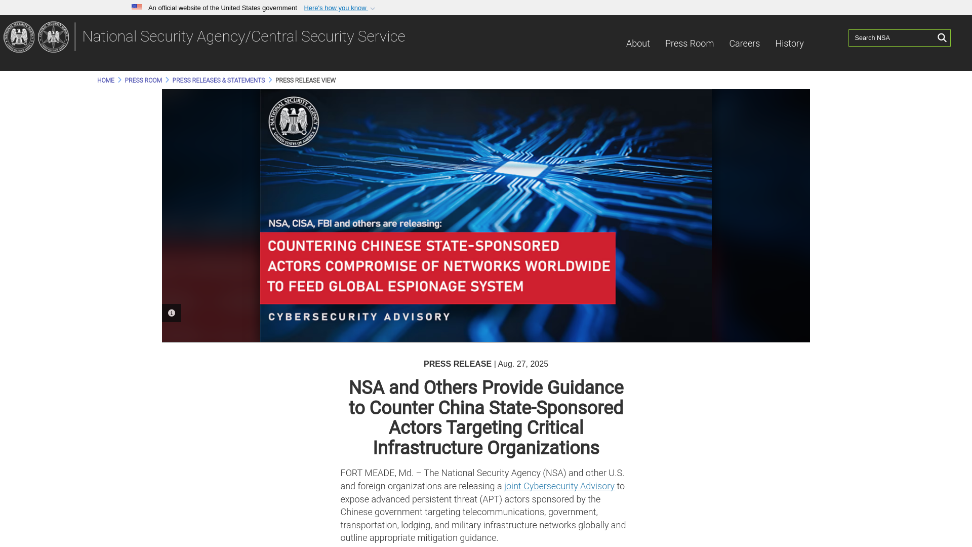 NSA and Others Provide Guidance to Counter China State-Sponsored Actors Targeting Critical Infrastructure Organizations > National Security Agency/Central Security Service > Press Release View
