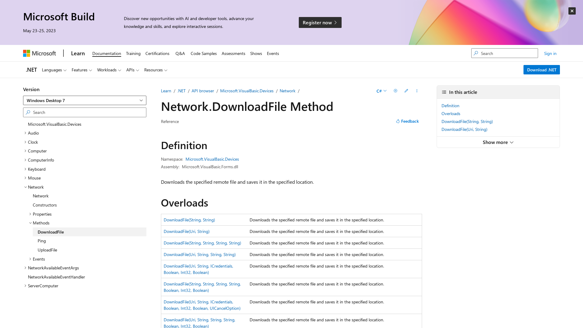 Network.DownloadFile Method (Microsoft.VisualBasic.Devices) | Microsoft Learn