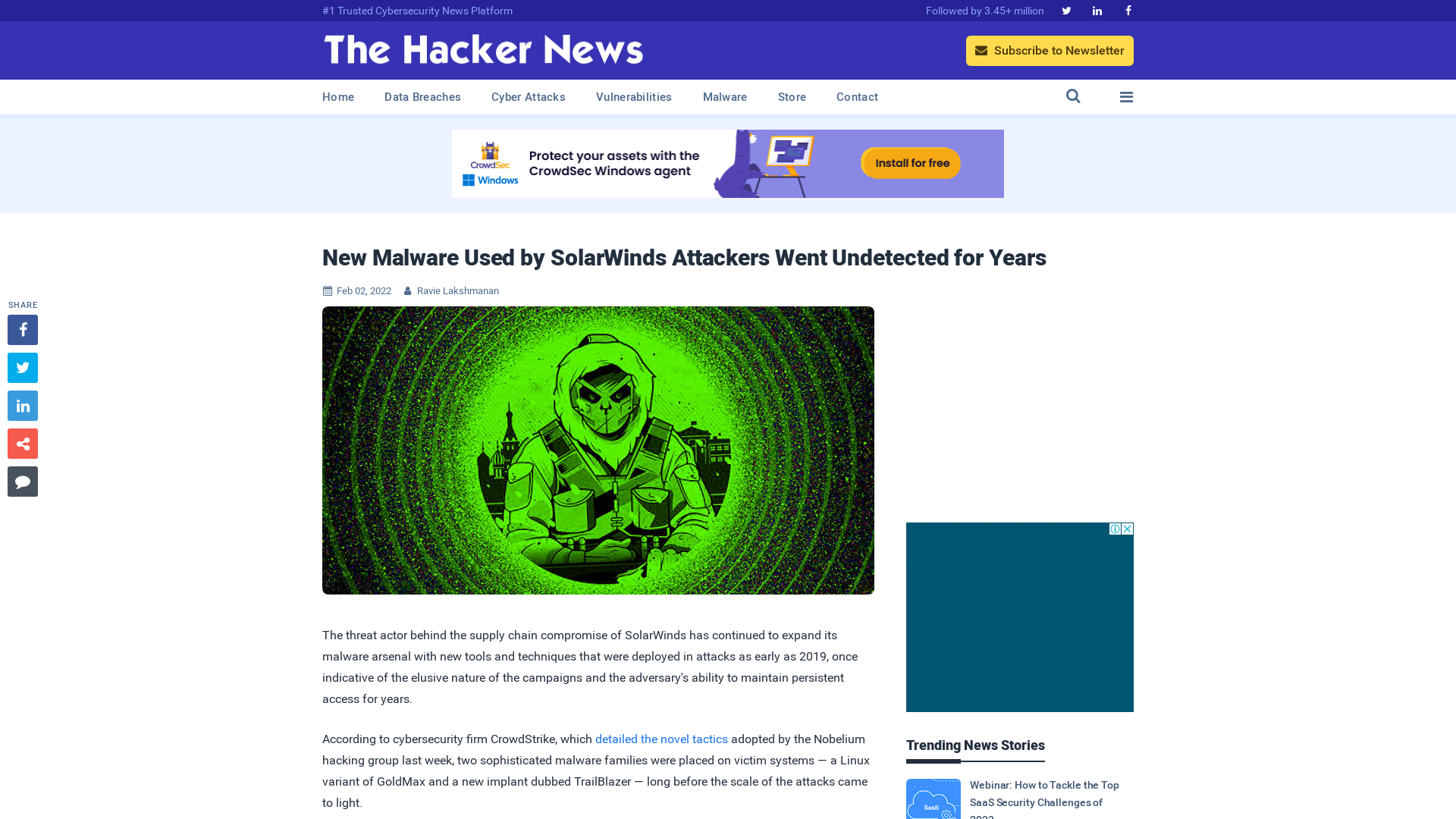 New Malware Used by SolarWinds Attackers Went Undetected for Years