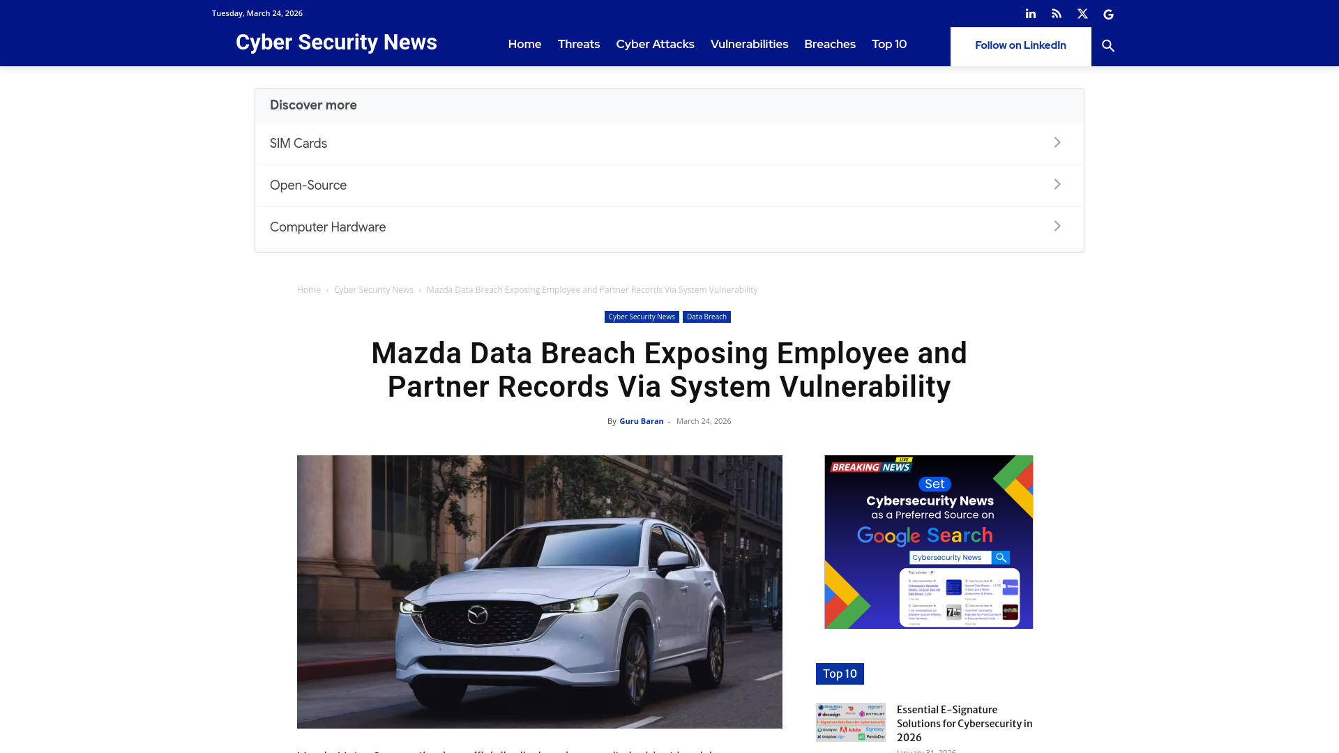 Mazda Data Breach Exposing Employee and Partner Records Via System Vulnerability