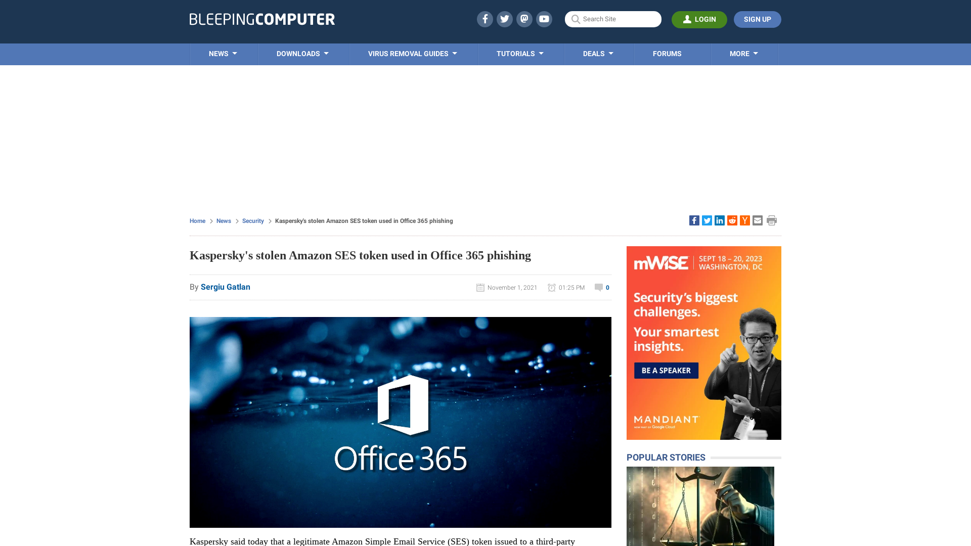 Kaspersky's stolen Amazon SES token used in Office 365 phishing