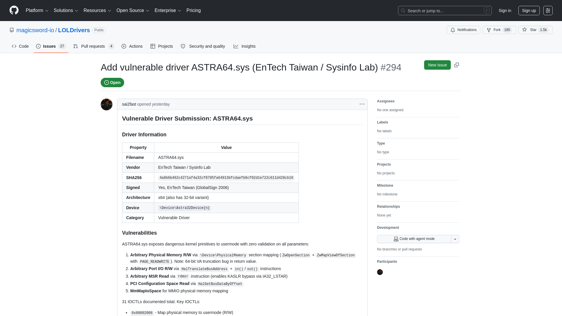 Add vulnerable driver ASTRA64.sys (EnTech Taiwan / Sysinfo Lab) · Issue #294 · magicsword-io/LOLDrivers