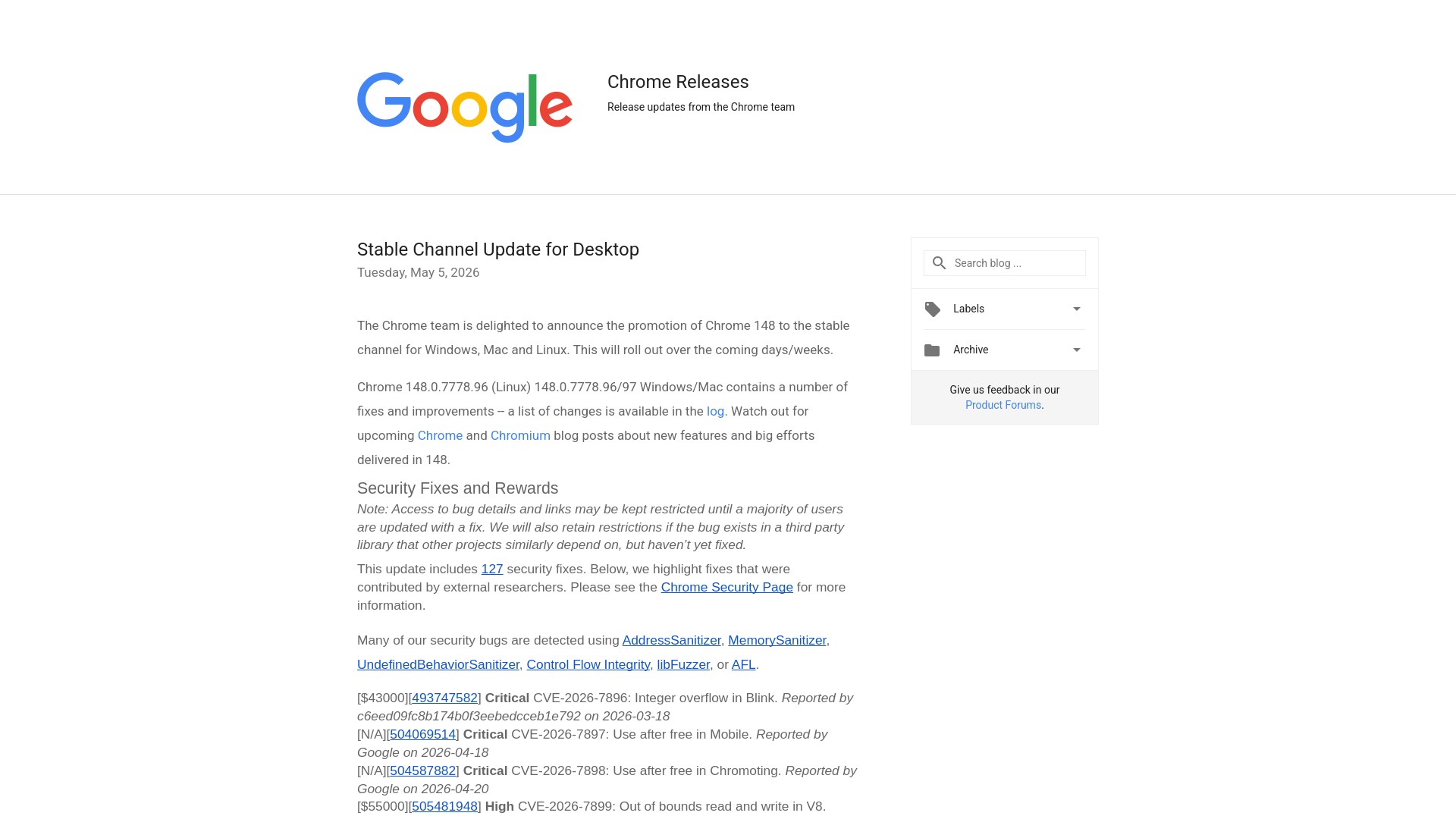 Chrome Releases: Stable Channel Update for Desktop