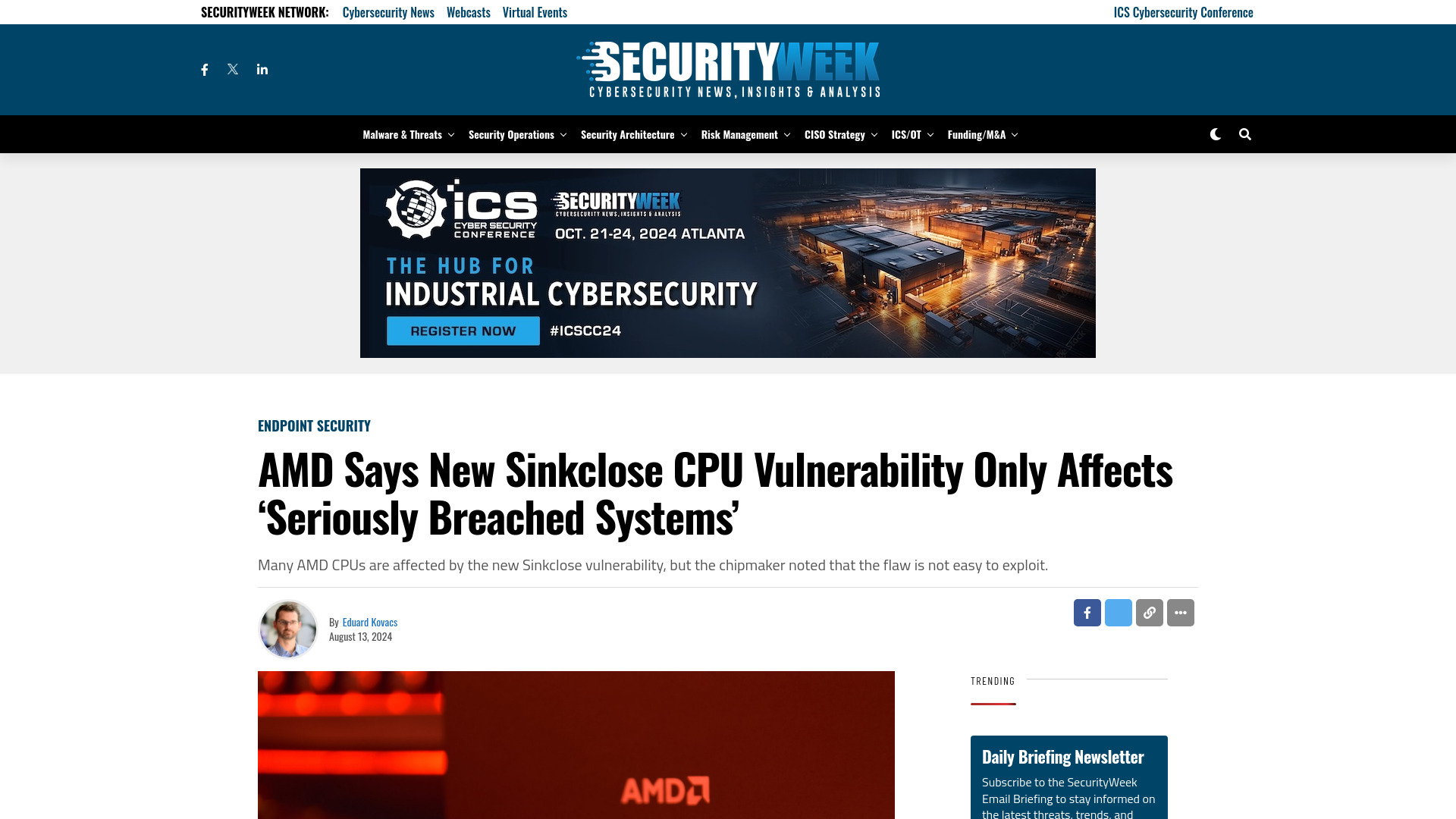 AMD Says New Sinkclose CPU Vulnerability Only Affects 'Seriously Breached Systems' - SecurityWeek