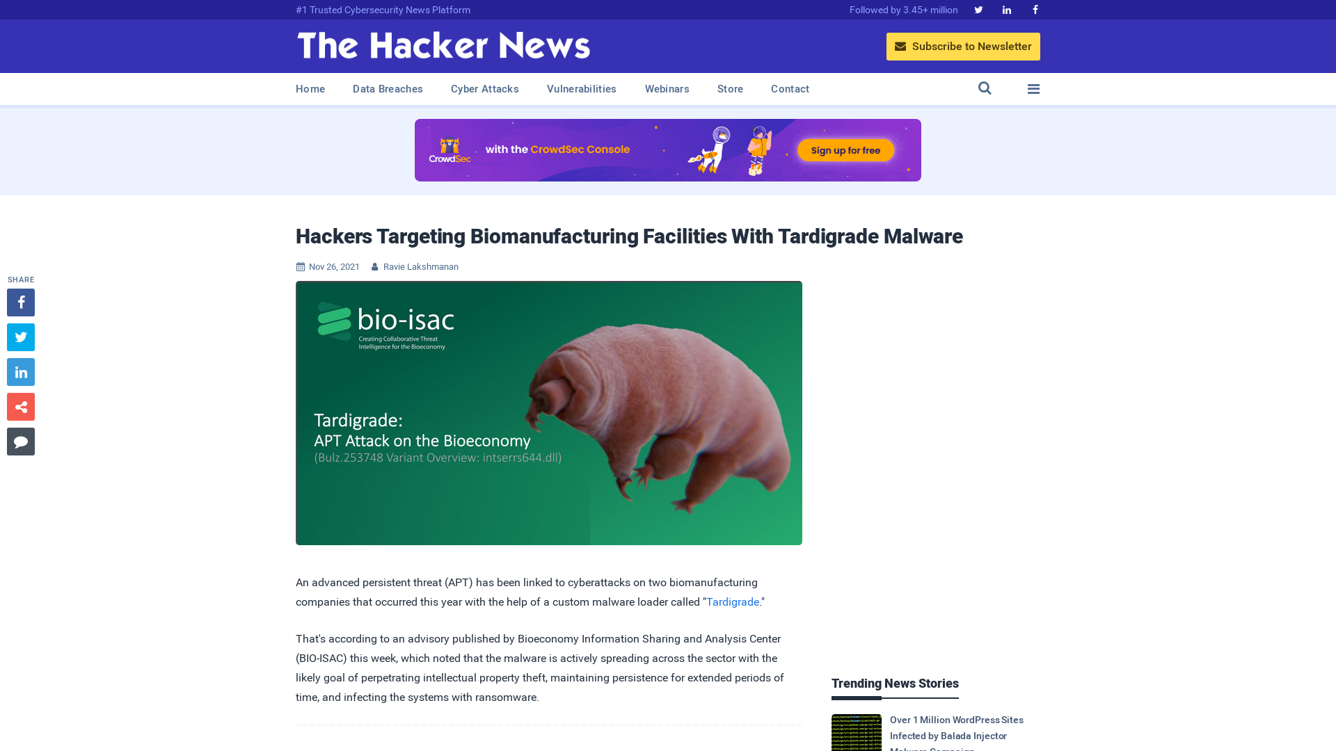 Hackers Targeting Biomanufacturing Facilities With Tardigrade Malware