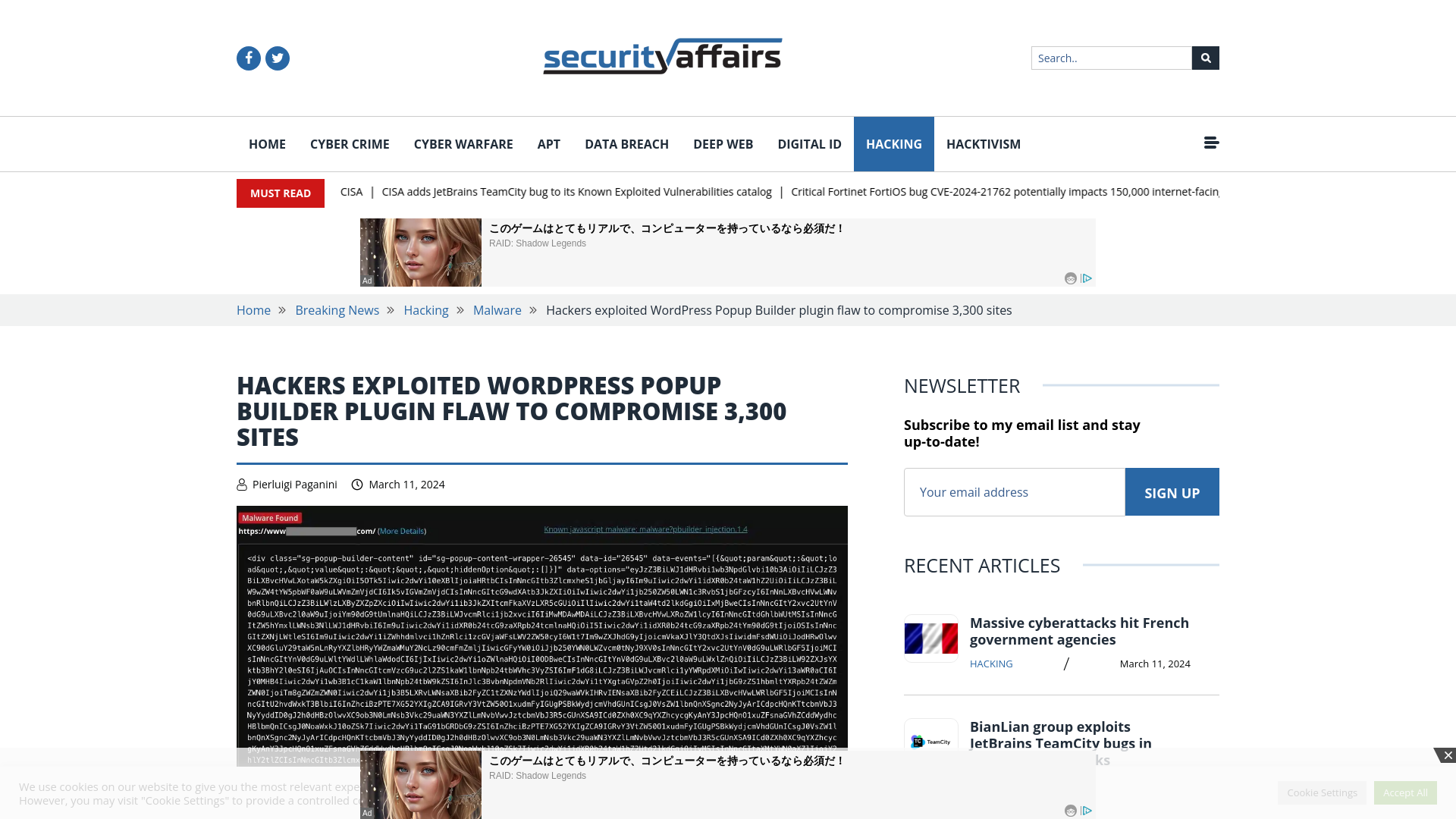 Hackers exploited WordPress Popup Builder plugin flaw to compromise 3,300 sites