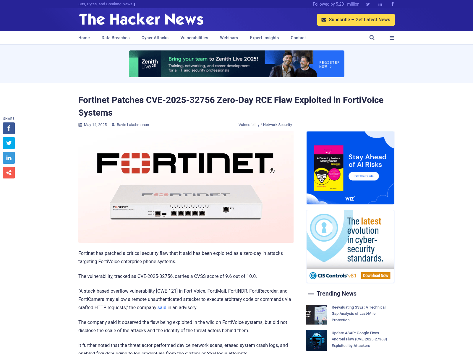 Fortinet Patches CVE-2025-32756 Zero-Day RCE Flaw Exploited in FortiVoice Systems