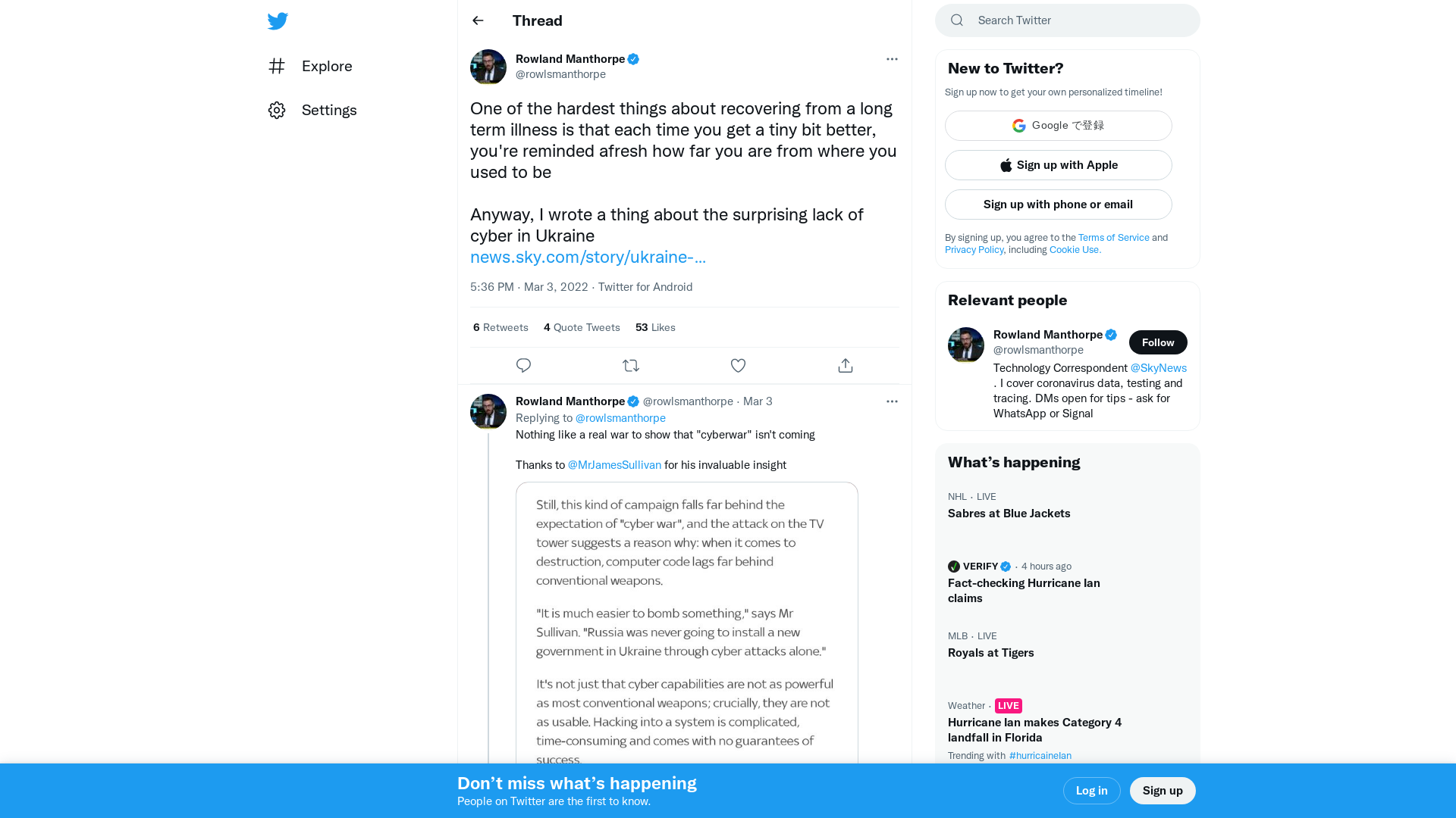 Rowland Manthorpe on Twitter: "One of the hardest things about recovering from a long term illness is that each time you get a tiny bit better, you're reminded afresh how far you are from where you used to be Anyway, I wrote a thing about the surprising lack of cyber in Ukraine https://t.co/RvmxTzDXi8" / Twitter