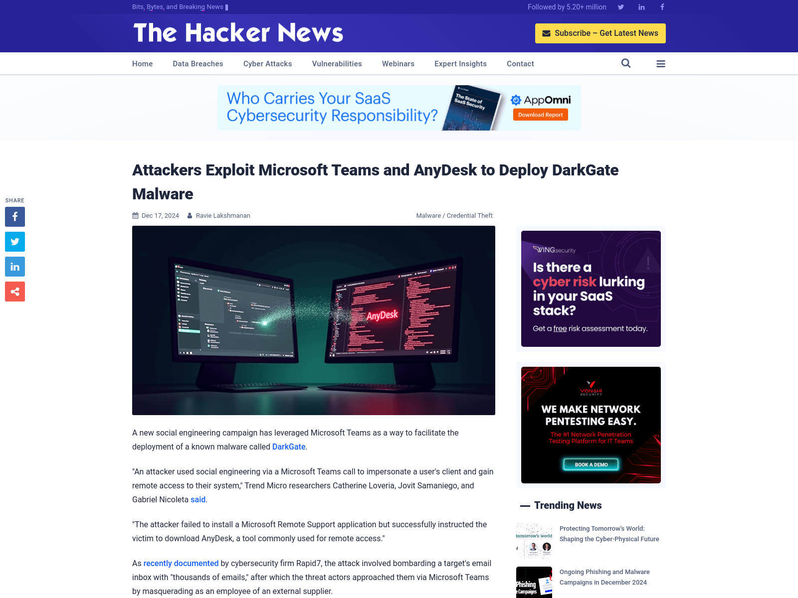 Attackers Exploit Microsoft Teams and AnyDesk to Deploy DarkGate Malware