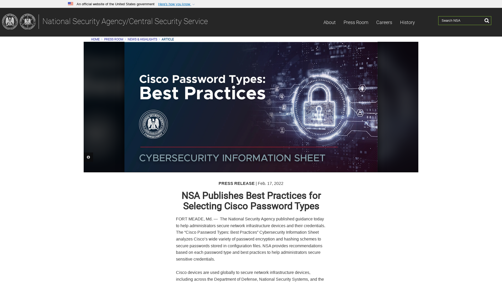 NSA Publishes Best Practices for Selecting Cisco Password Types > National Security Agency/Central Security Service > Article