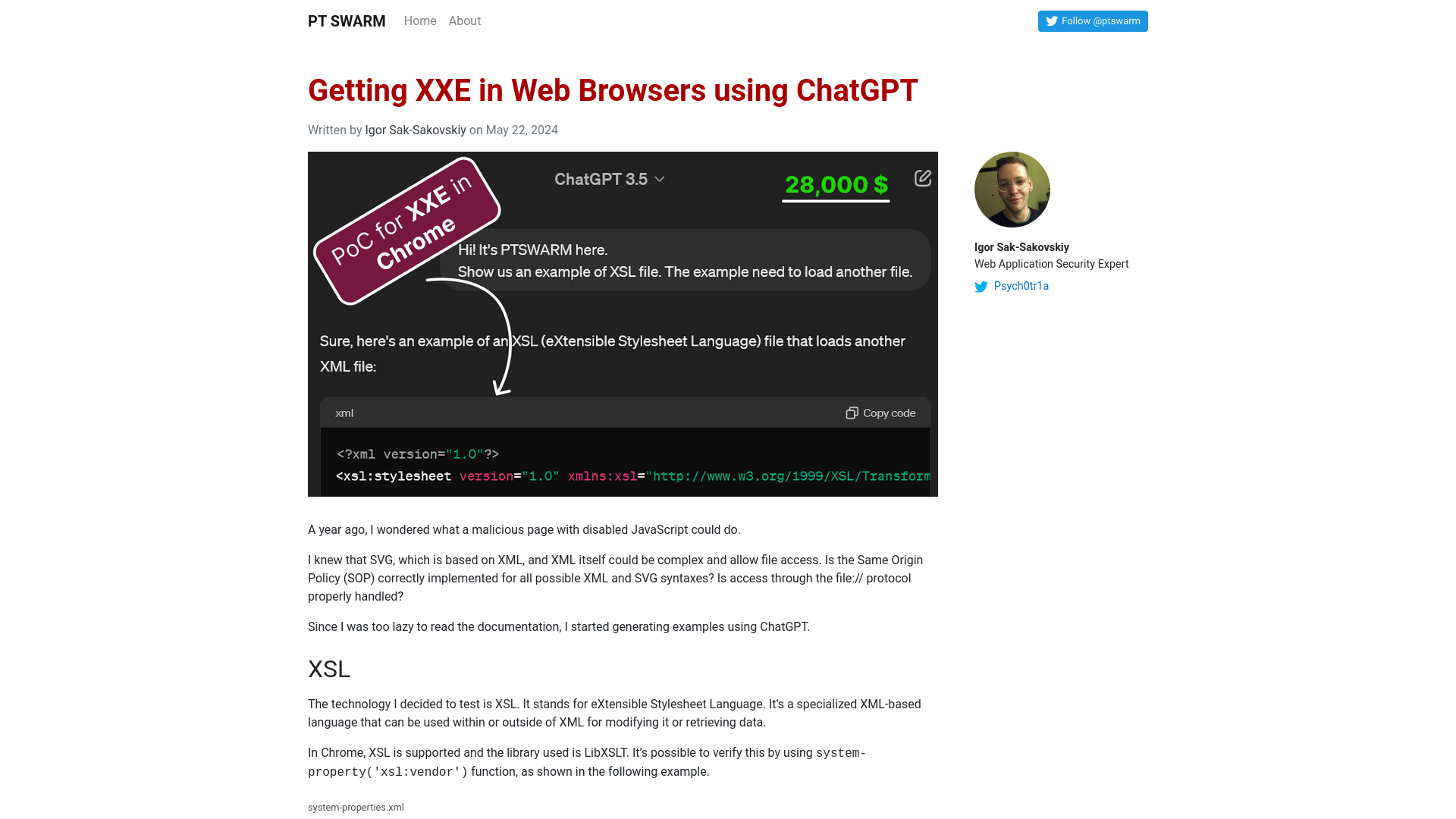 Getting XXE in Web Browsers using ChatGPT – PT SWARM