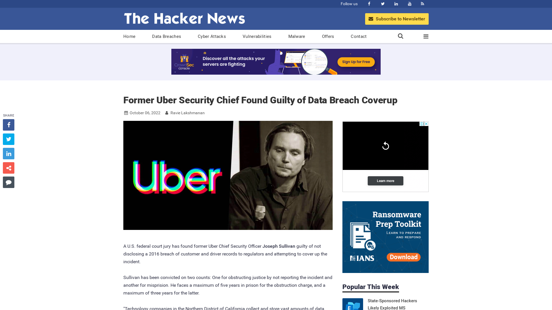 Former Uber Security Chief Found Guilty of Data Breach Coverup