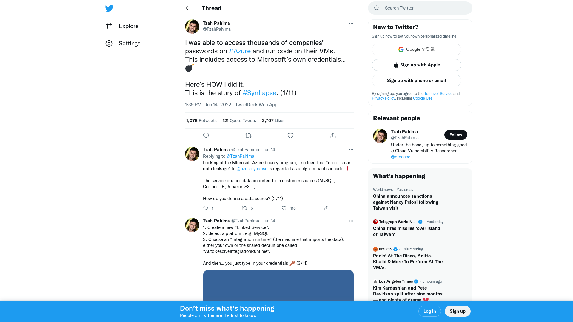 Tzah Pahima on Twitter: "I was able to access thousands of companies’ passwords on #Azure and run code on their VMs. This includes access to Microsoft’s own credentials… 💣 Here’s HOW I did it. This is the story of #SynLapse. (1/11)" / Twitter